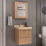 Conjunto Para Banheiro Lavatório Em Porcelanato Com Cuba Esculpida, Gabinete E Espelheira Ripy 60cm Wood/travertino