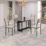 Conjunto Sala De Jantar Mesa 120cm X 90cm Base Pérola Tampo Mdf Laca Com Vidro Florença Creme / Preto
