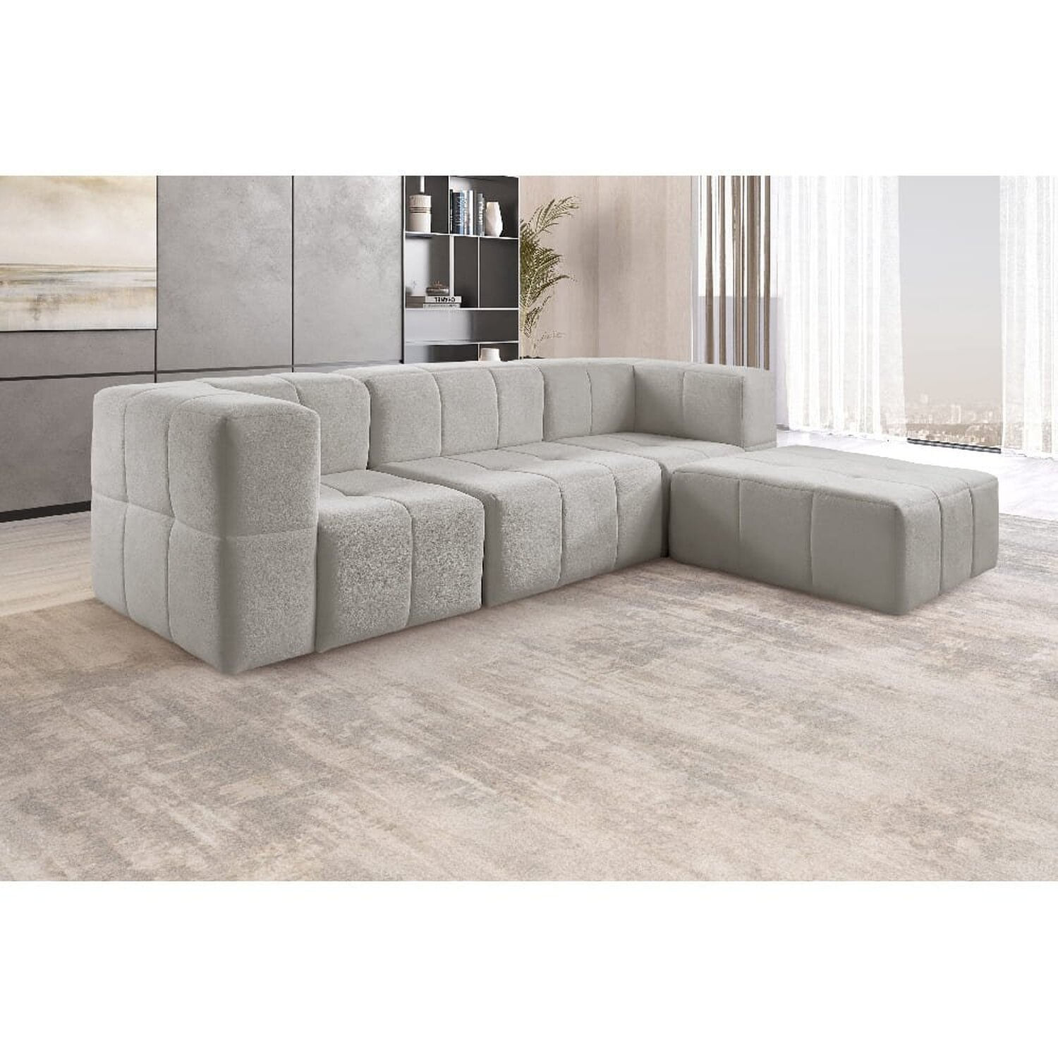 Sofá Modular Box 3 Lugares + Puff Bouclé Cinza