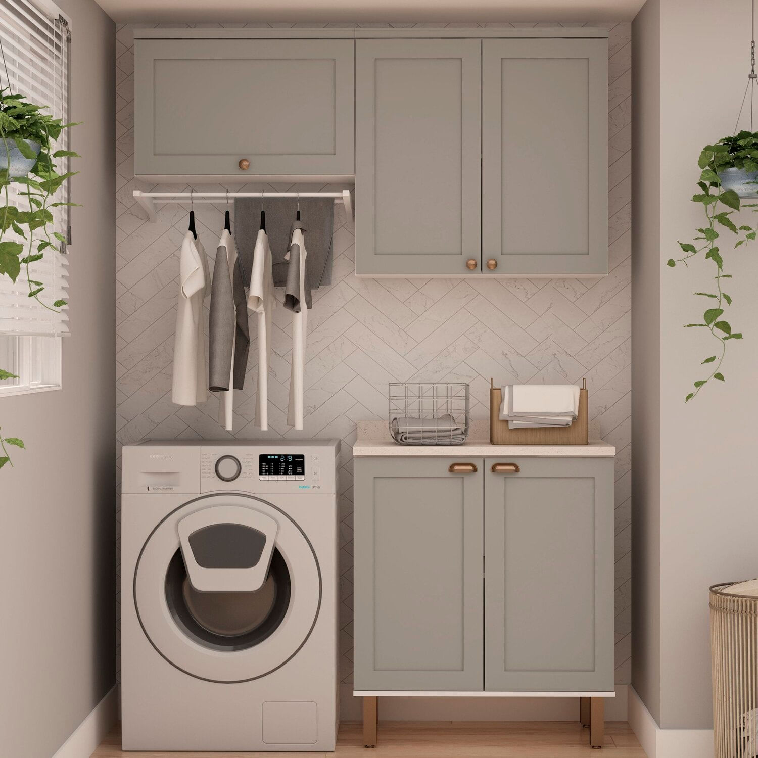 Kit Área De Serviço Com 3 Módulos Com Portas Provençais Para Lavanderia 100% Mdf Branco Fendi