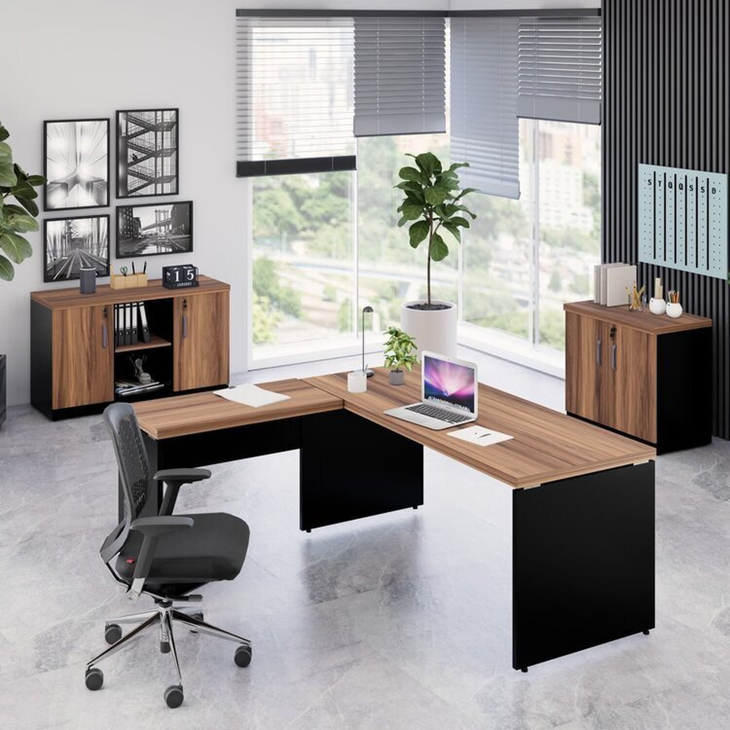 Kit 3 Peças Com Mesa Para Escritório Em L 170x160cm, Com Dois Armários Baixos Espresso Móveis Marrom/preto