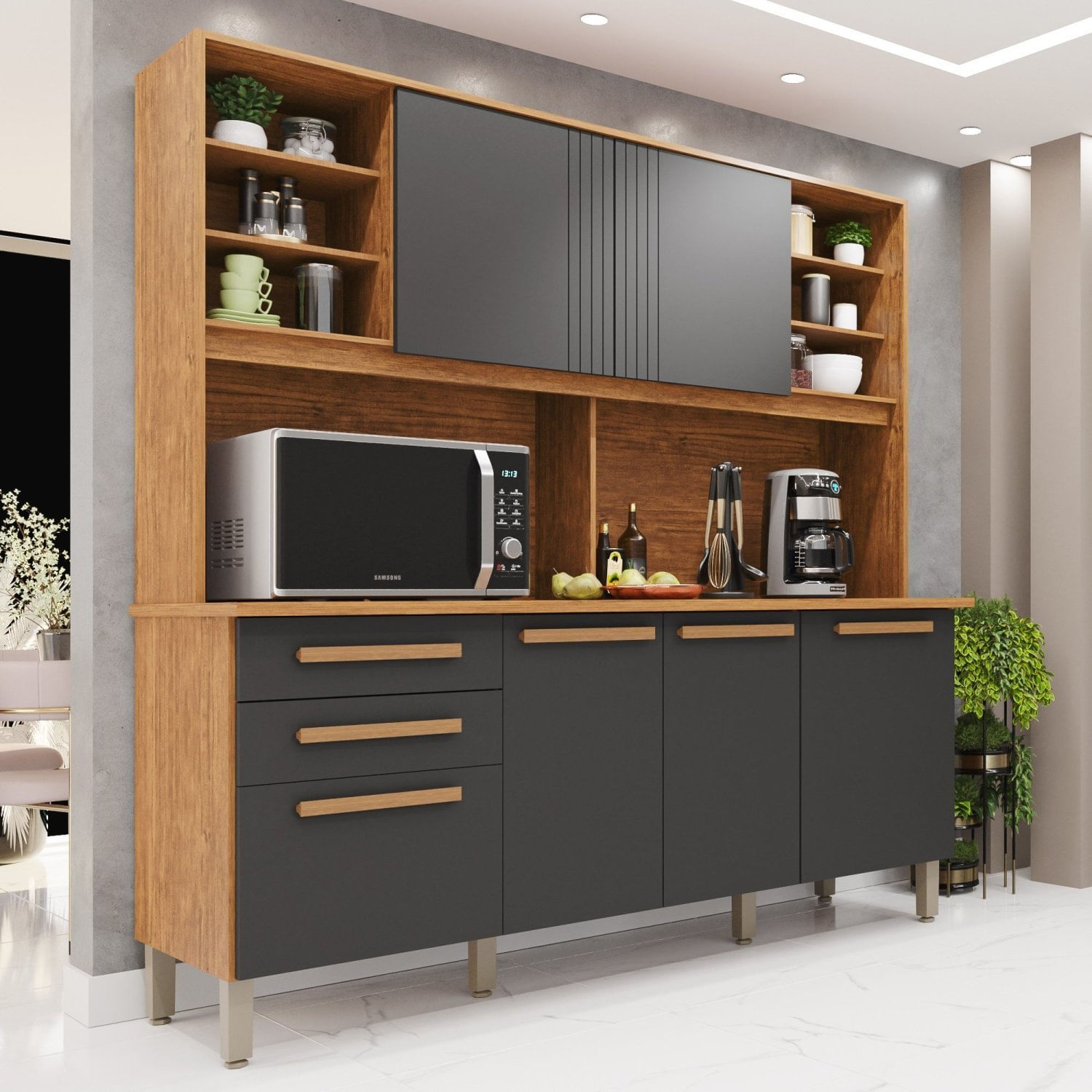 Armário De Cozinha 6 Portas 2 Gavetas Adelle Yescasa Cinamomo/grafite