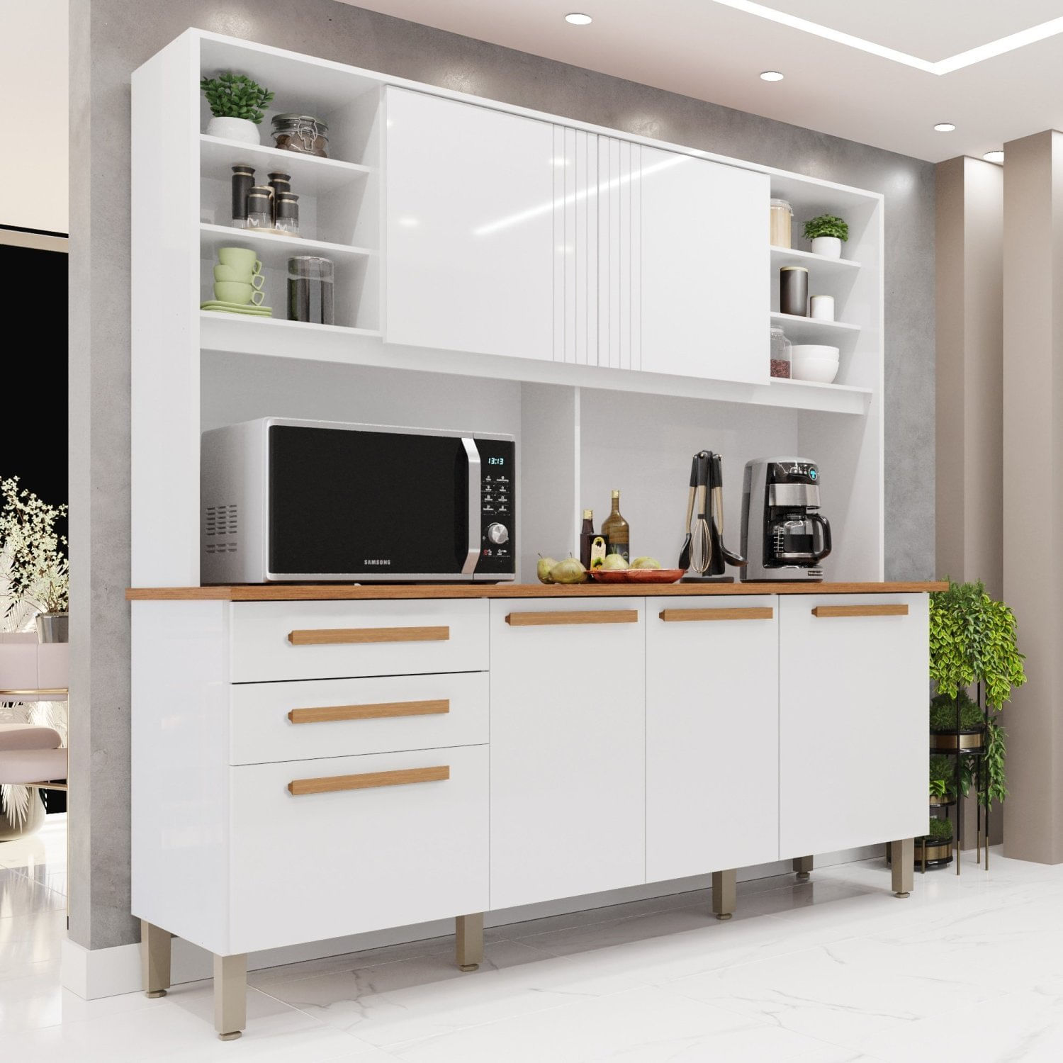 Armário De Cozinha 6 Portas 2 Gavetas Adelle Yescasa Branco Neve