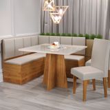 Conjunto Canto Alemão Com Baú Trento Mesa Quadrada Com Vidro 90x90 E 2 Cadeira Venus Em Mdp/mdf Mel/marfim/off White