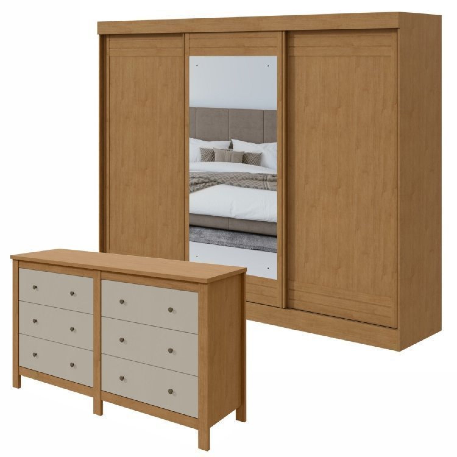 Conjunto De Guarda-roupa 3 Portas 4 Gavetas Nice Com Espelho e Cômoda Maggiore New  Amêndoa Clean/off White