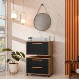 Conjunto Gabinete Para Banheiro Com Rodízio, Cuba E Espelho Kyoto 60 Com Tampo De Vidro Avelato / Preto