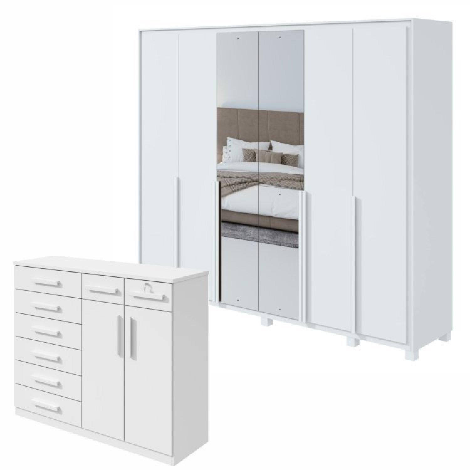 Conjunto De Guarda-roupa 6 Portas Com Espelho E Pés Imperatore Com Cômoda Toronto Branco