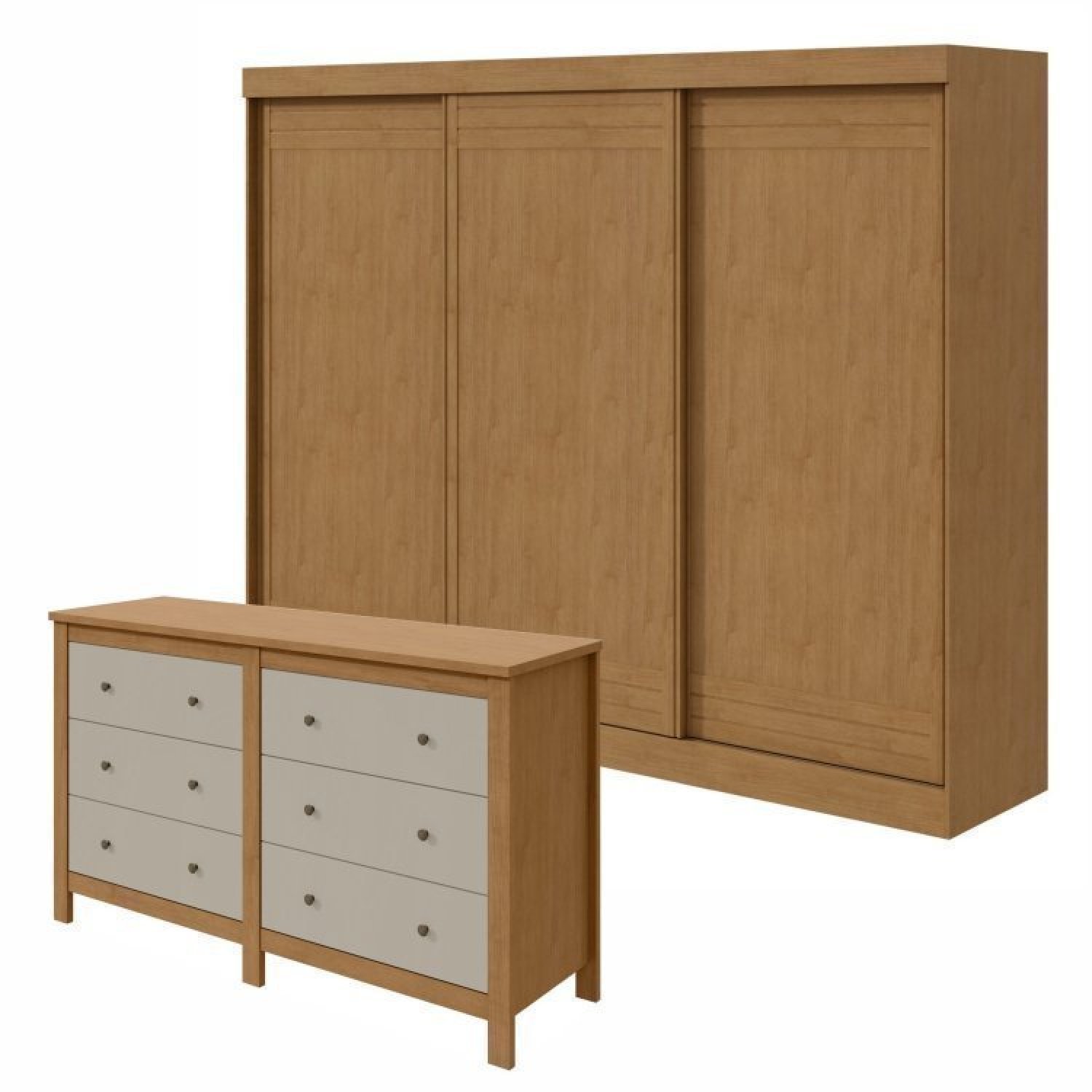 Conjunto De Guarda-roupa 3 Portas 4 Gavetas Nice e Cômoda 6 Gavetas Em Mdp/mdf Maggiore New  Amêndoa Clean/off White