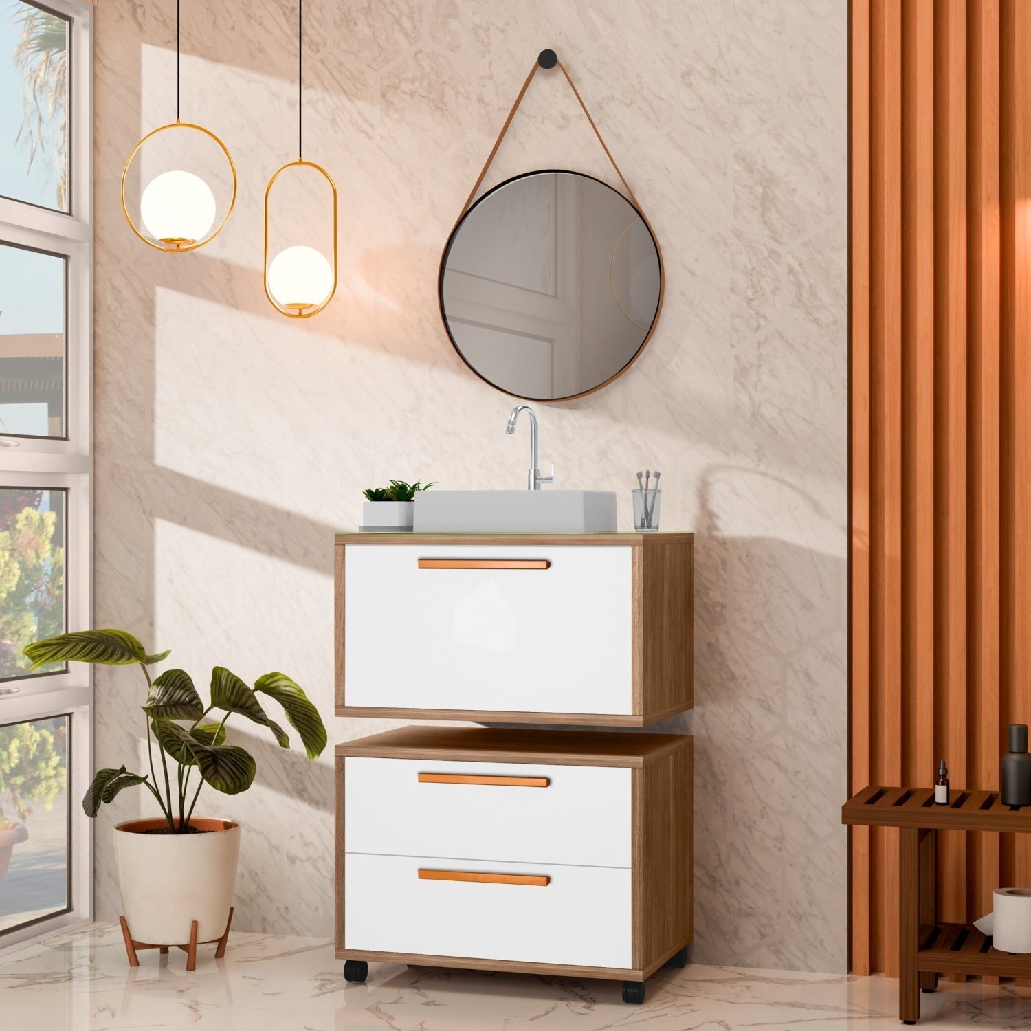 Conjunto Gabinete Para Banheiro Com Rodízio, Cuba E Espelho Kyoto 60 Com Tampo De Vidro Avelato / Branco