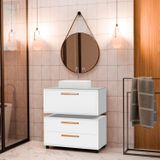 Conjunto Gabinete Para Banheiro Com Rodízio, Cuba E Espelho Kyoto 80 Com Tampo De Vidro Branco