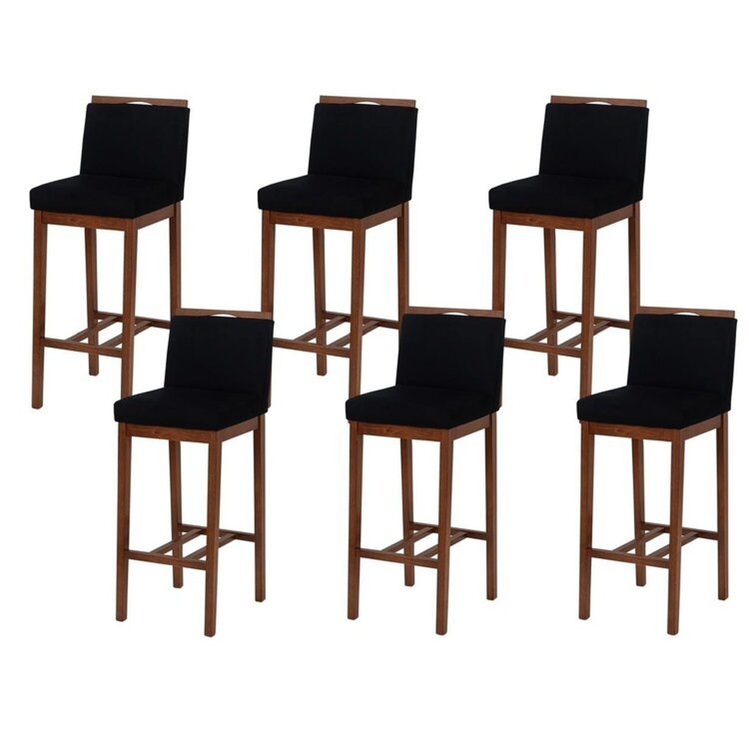 Kit 6 Banqueta Bistrô Berlim Pé Alto Em Madeira Maciça De Eucalipto Verniz Veludo Marrom E Preto