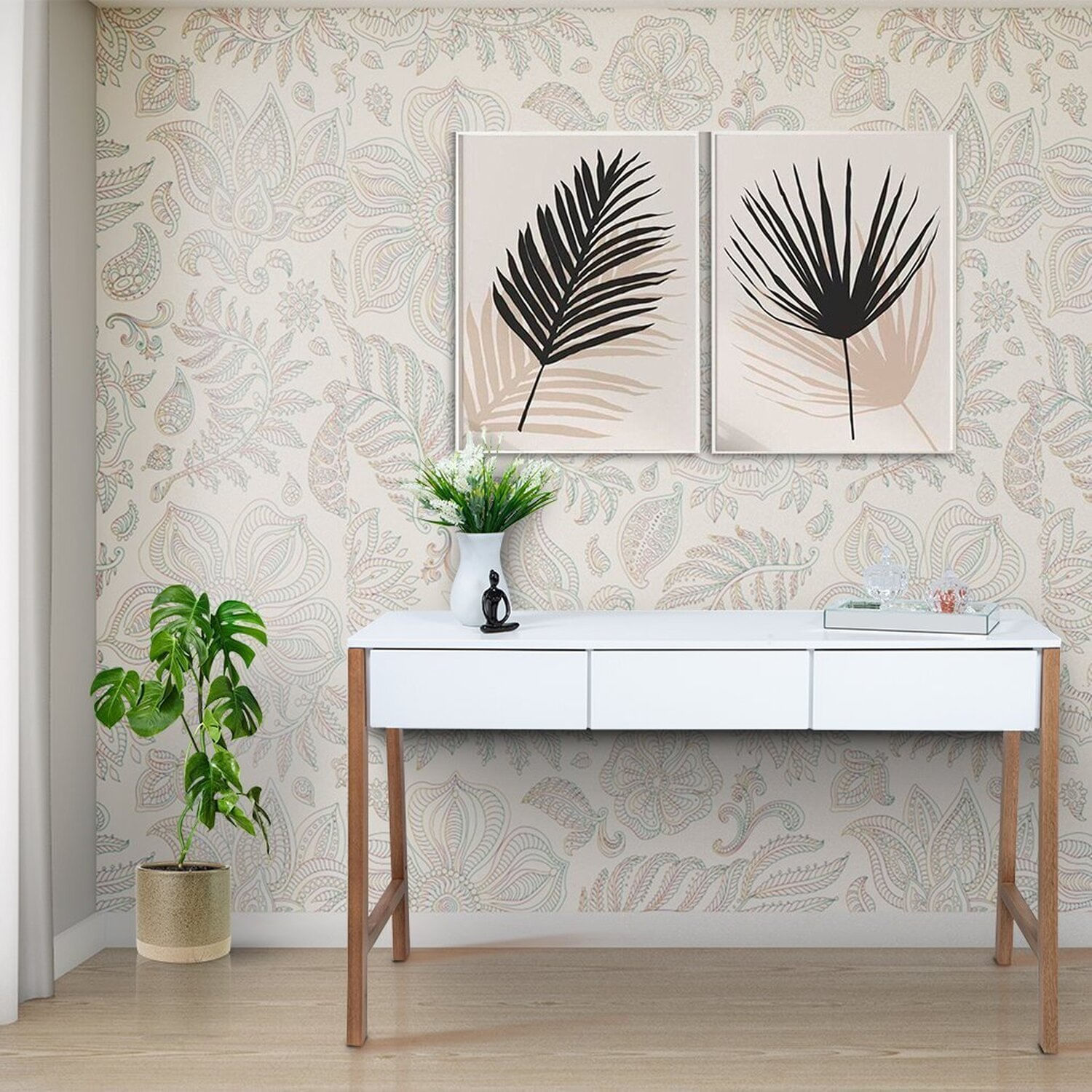 Aparador Escrivaninha Paris Em Madeira Maciça E Mdf Natural/branco