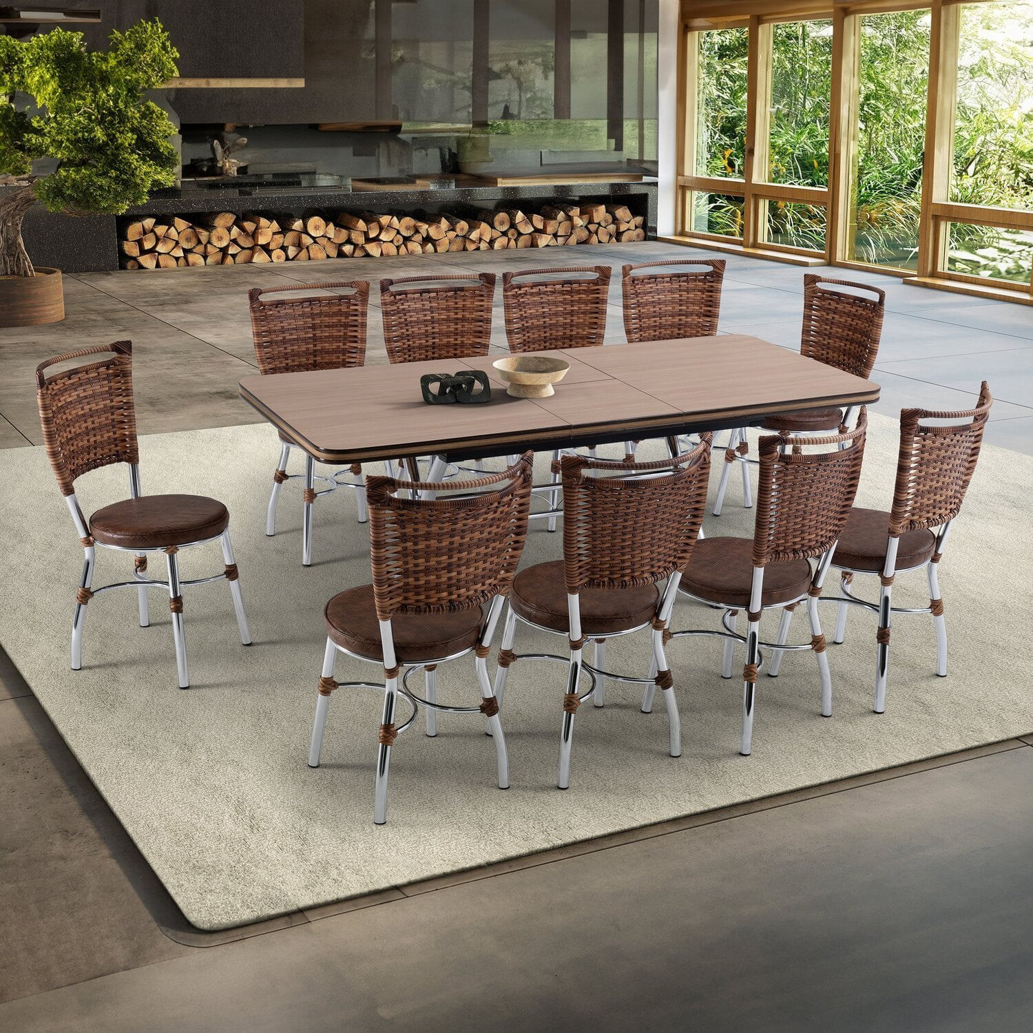 Conjunto Sala De Jantar Mesa Elástica Com 10 Cadeiras Fort Brastubo Cromado/amadeirado Claro/café