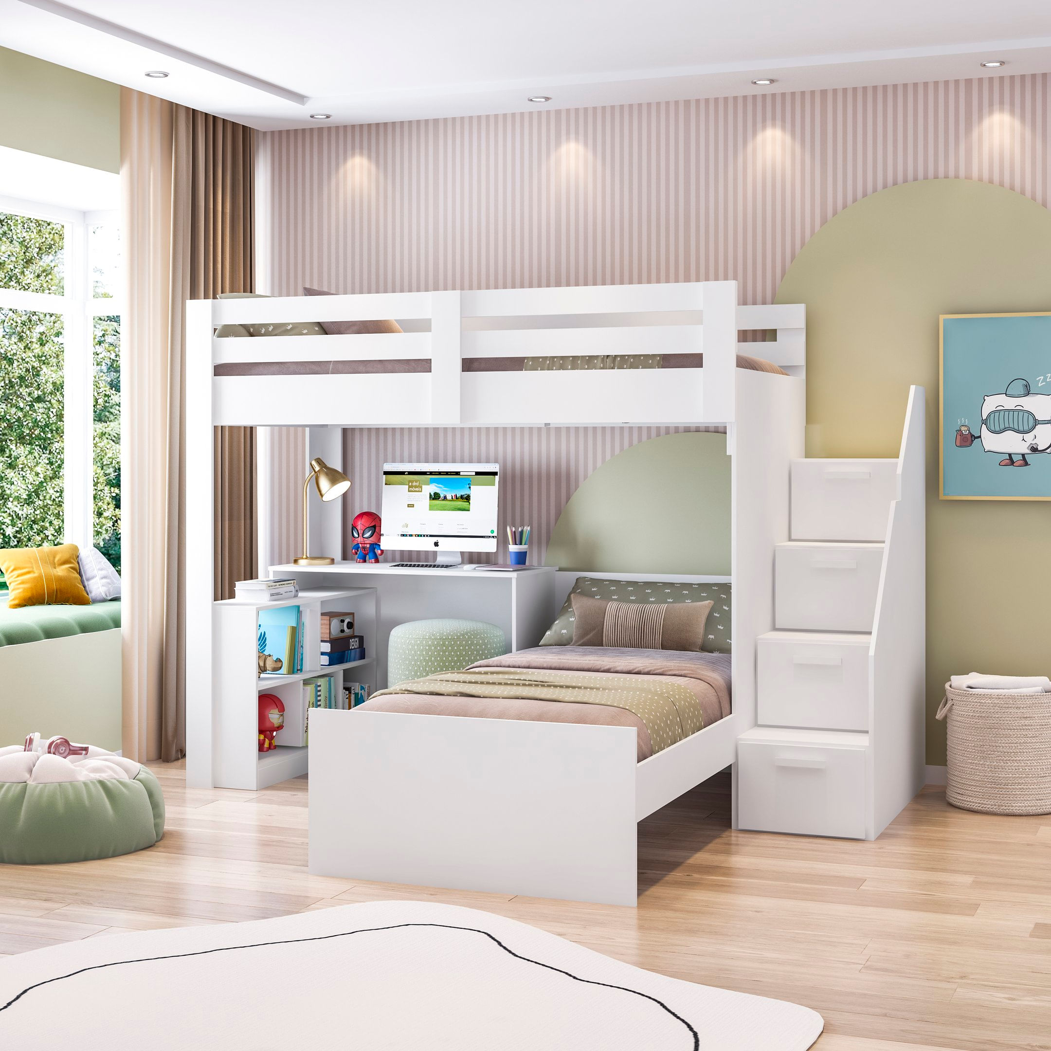 Beliche Star Office Infantil/ Juvenil Multifuncional Com Escrivaninha Casatema Branco Perfect Wood