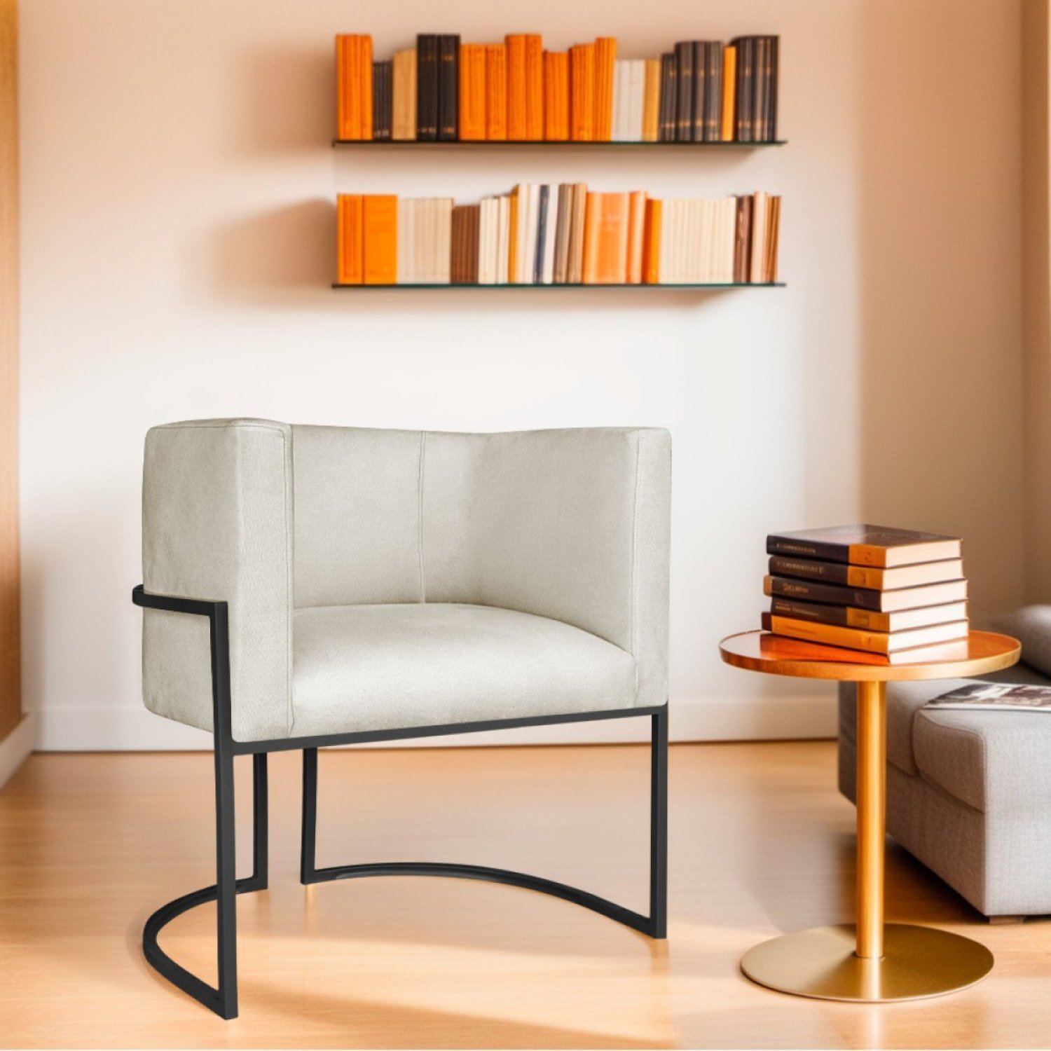 Poltrona Decorativa Base De Ferro Linho Munique Bege/preto