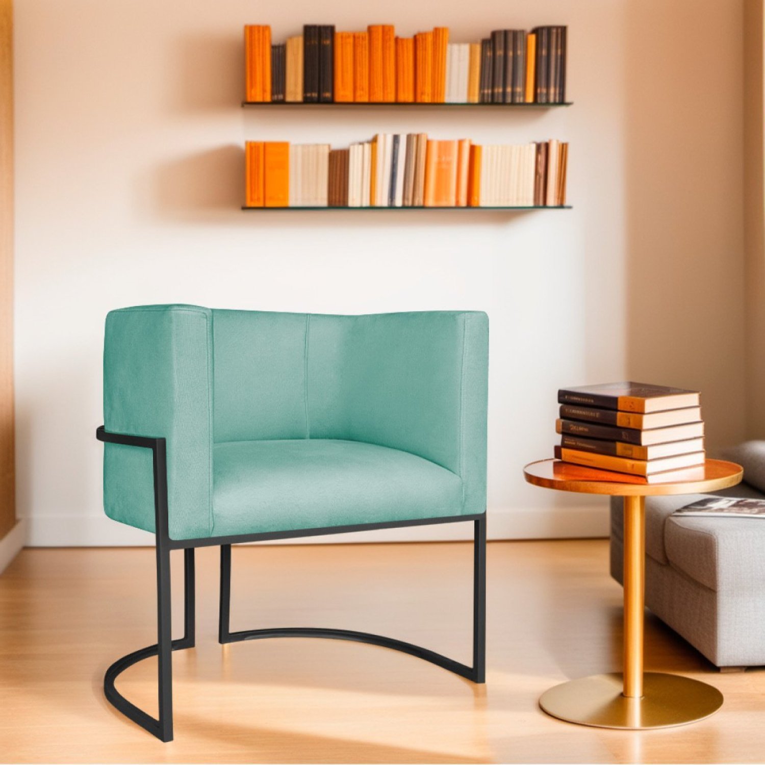 Poltrona Decorativa Base De Ferro Suede Munique Azul Tiffany/preto