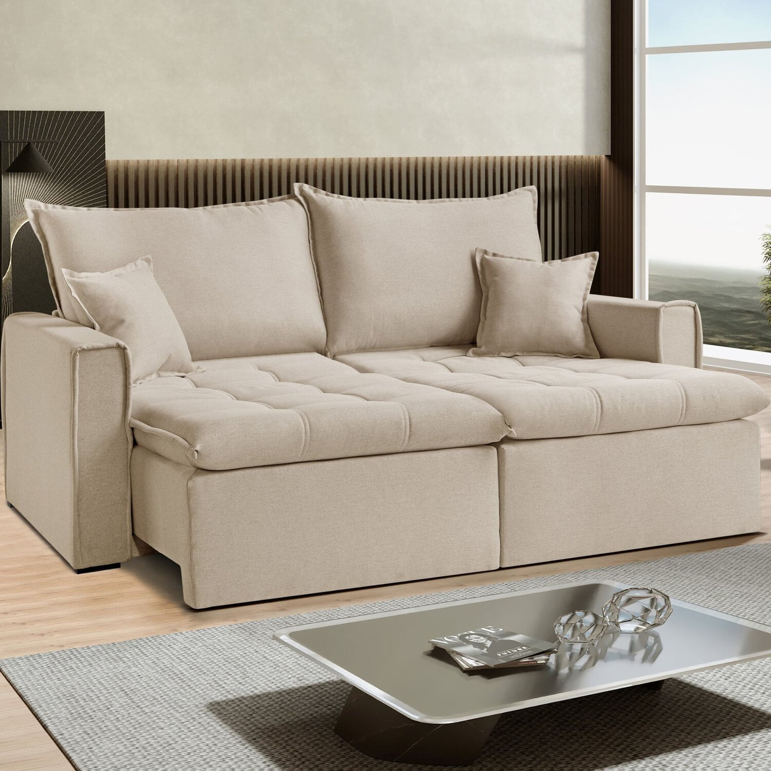 Sofá Cama Dallas 230 Cm Sem Caixa Veludo Bege Marfim