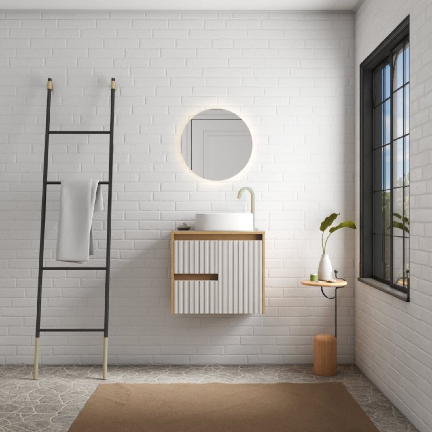 Kit Kyoto Em Madeira Para Banheiro Com Cuba E Espelheira Jequitibá Com Off-white