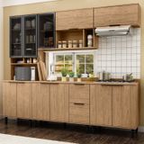 Cozinha Modulada Toscana 5 Peças Mdf Com Aéreo 1200 Porta De Vidro E Paneleiro Com Tampo Freijó