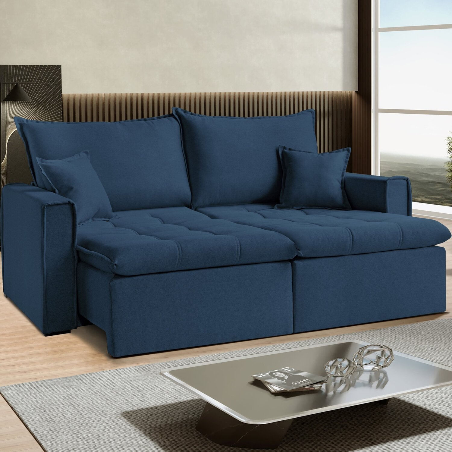 Sofá Cama Dallas 210 Cm Sem Caixa Veludo Azul Marinho