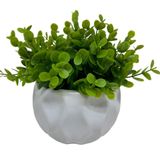 Vaso cerâmico branco trabalhado com planta artificial