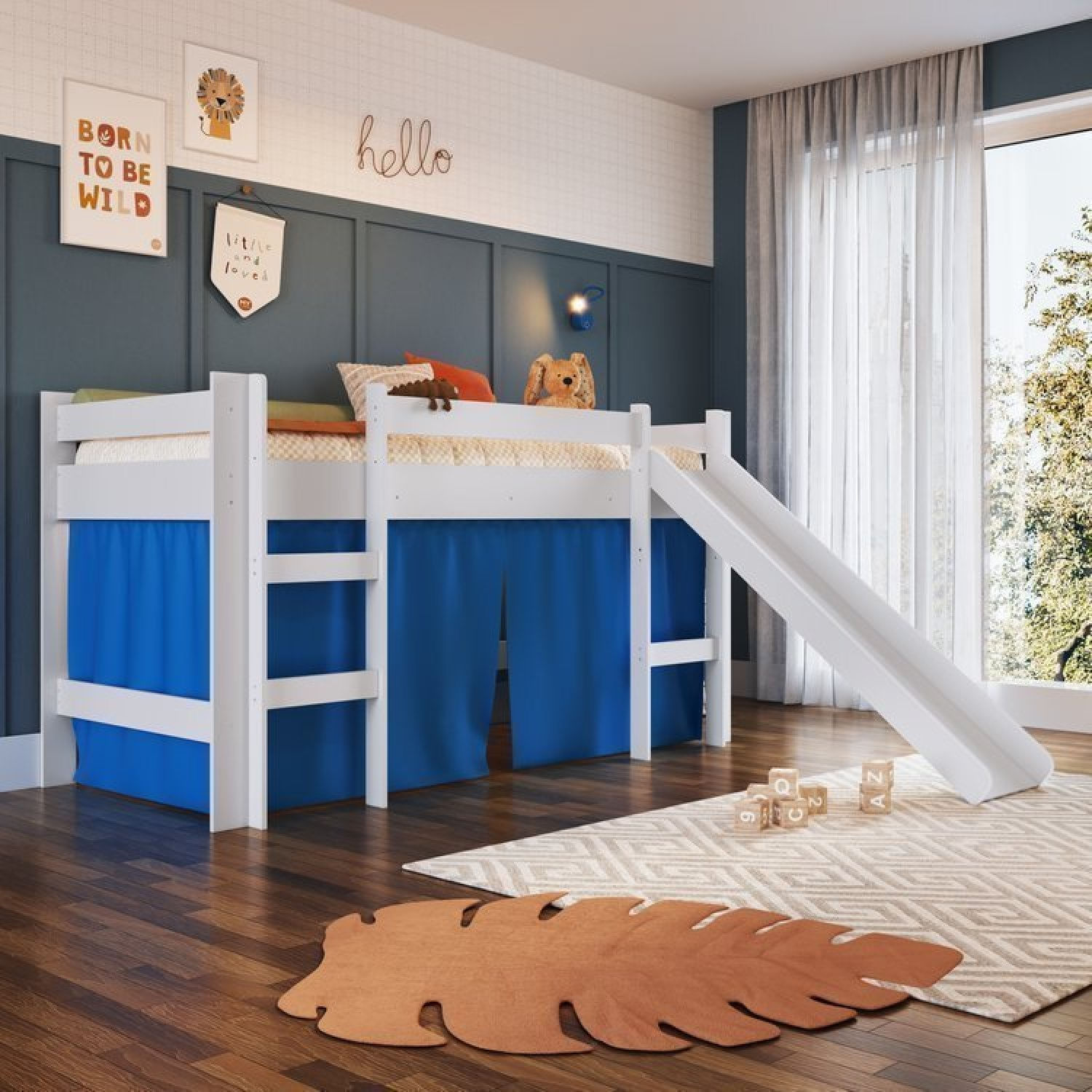 Cama Elevada Com Escorregador E Cortina 1 Colchão Branco/azul