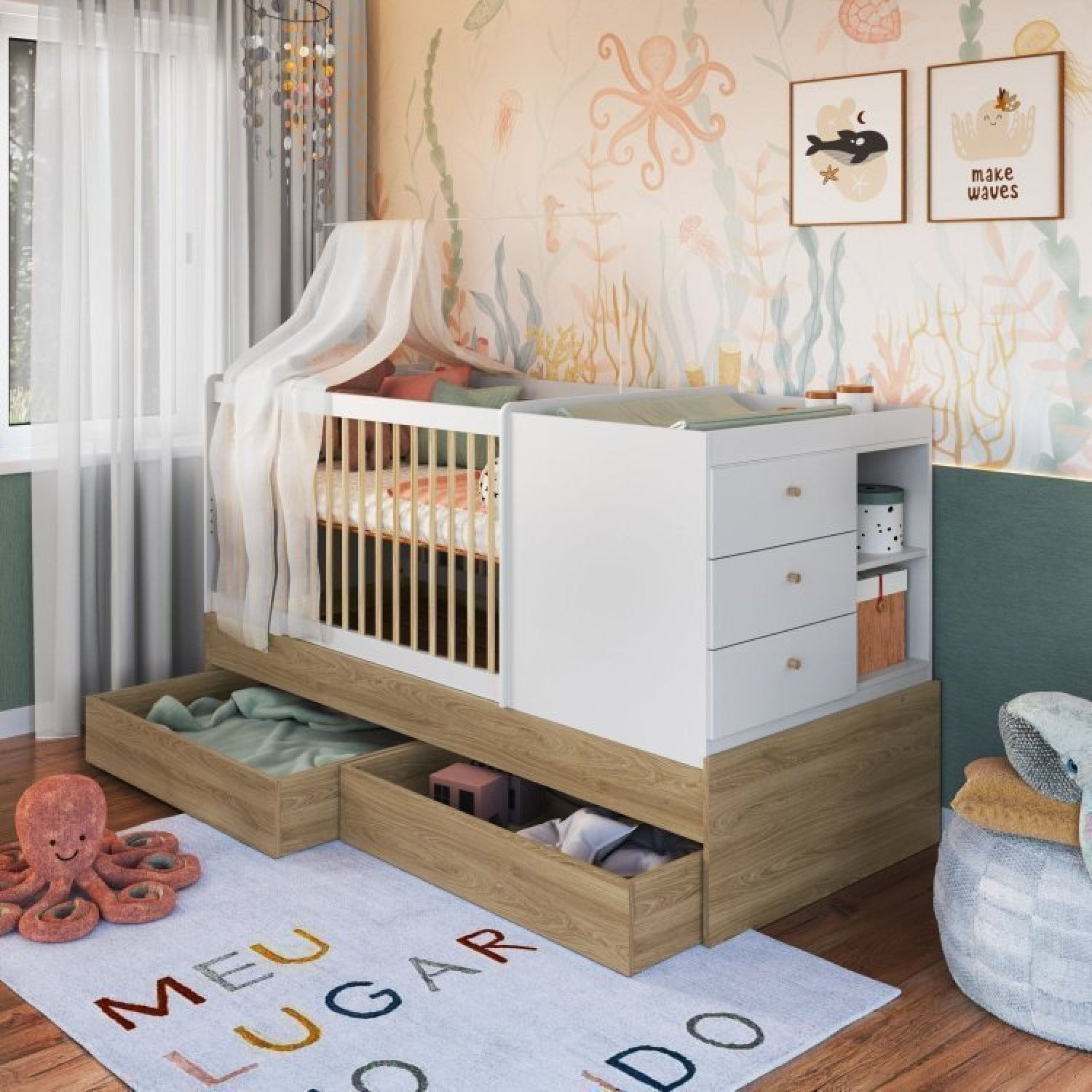 Berço Cama Multifuncional Com Gavetões 2 Colchões Aveiro Oak/branco