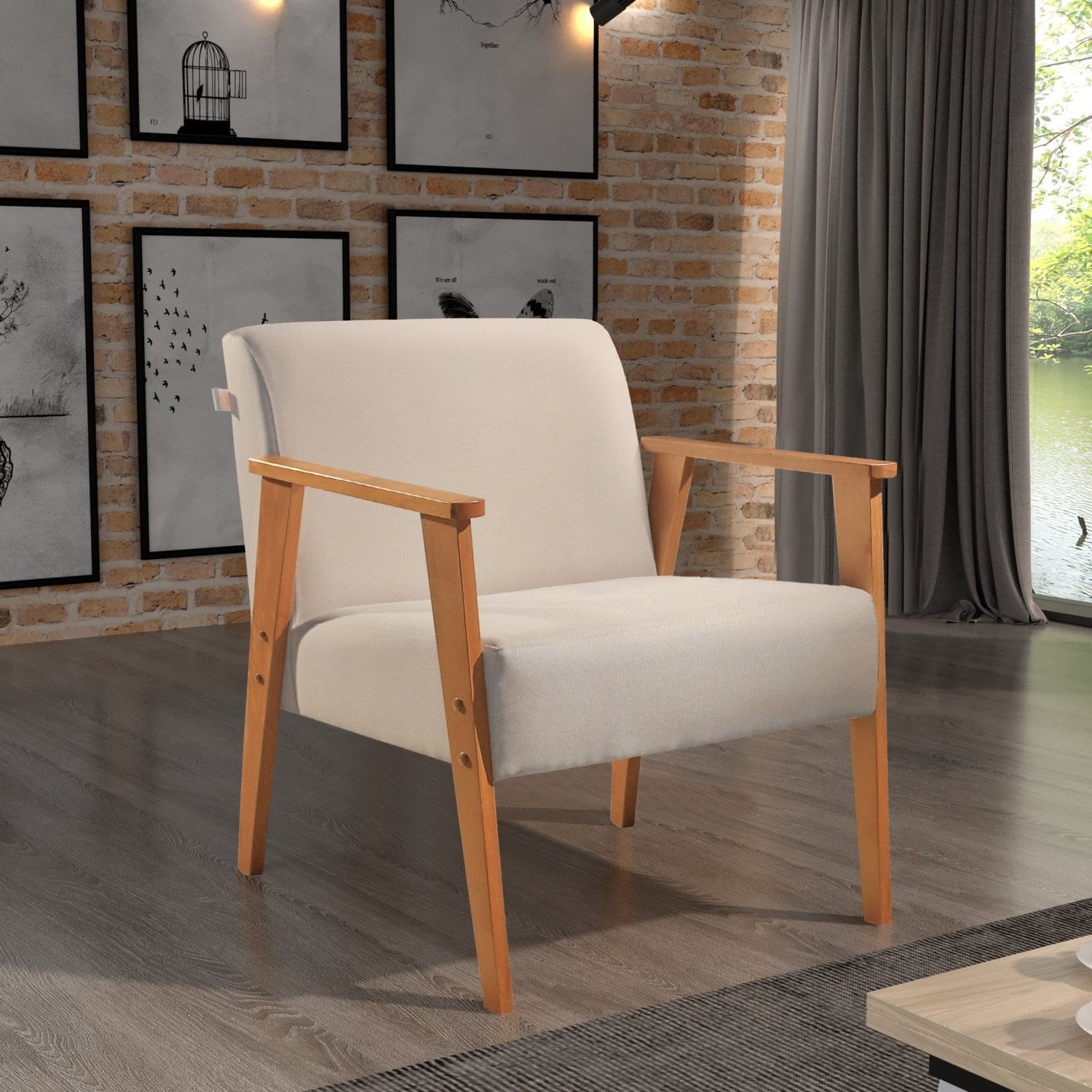 Poltrona Em Linho 78cm Com Braços De Madeira Perla Bege Claro