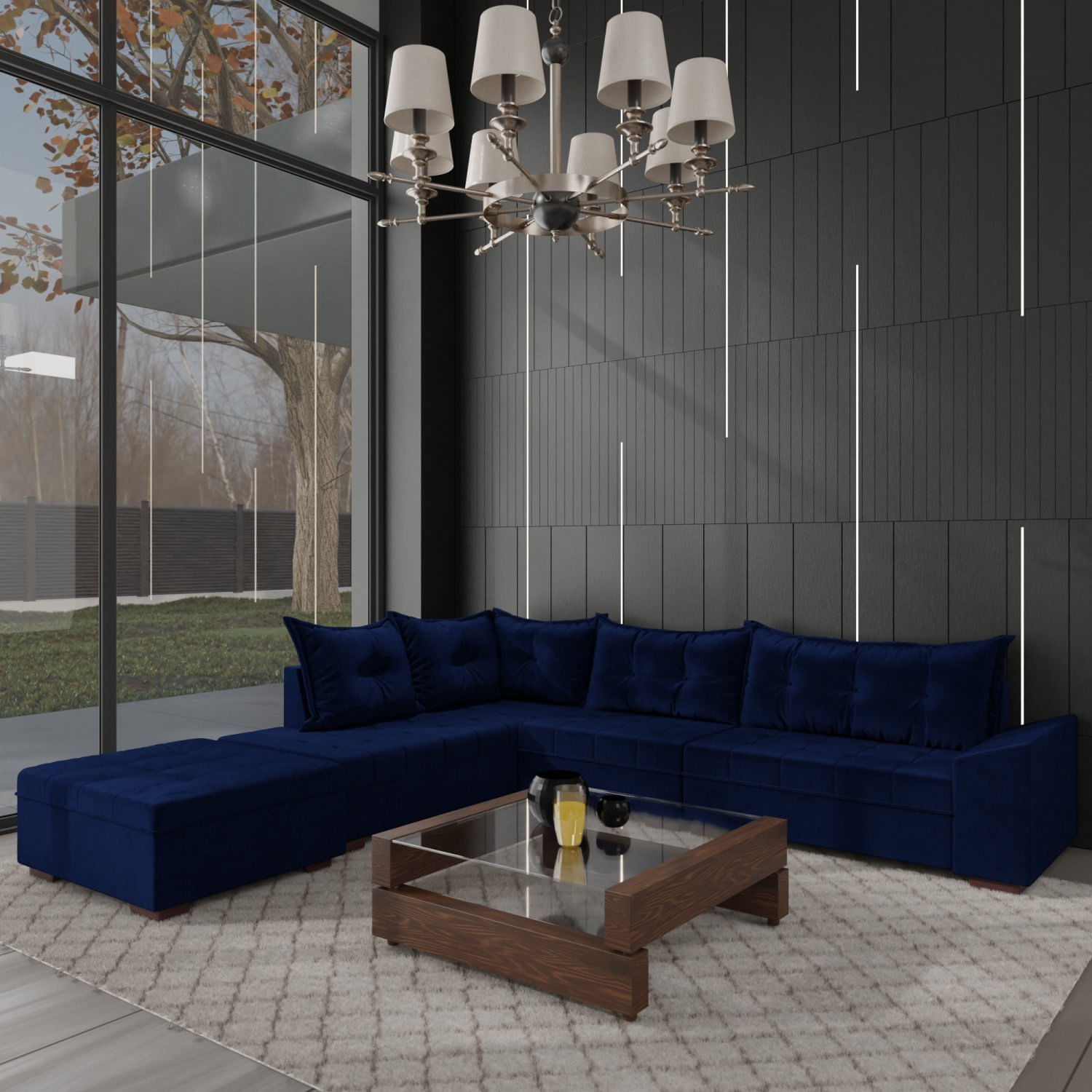 Sofá De Canto 9 Lugares Com Puff Itapema Azul