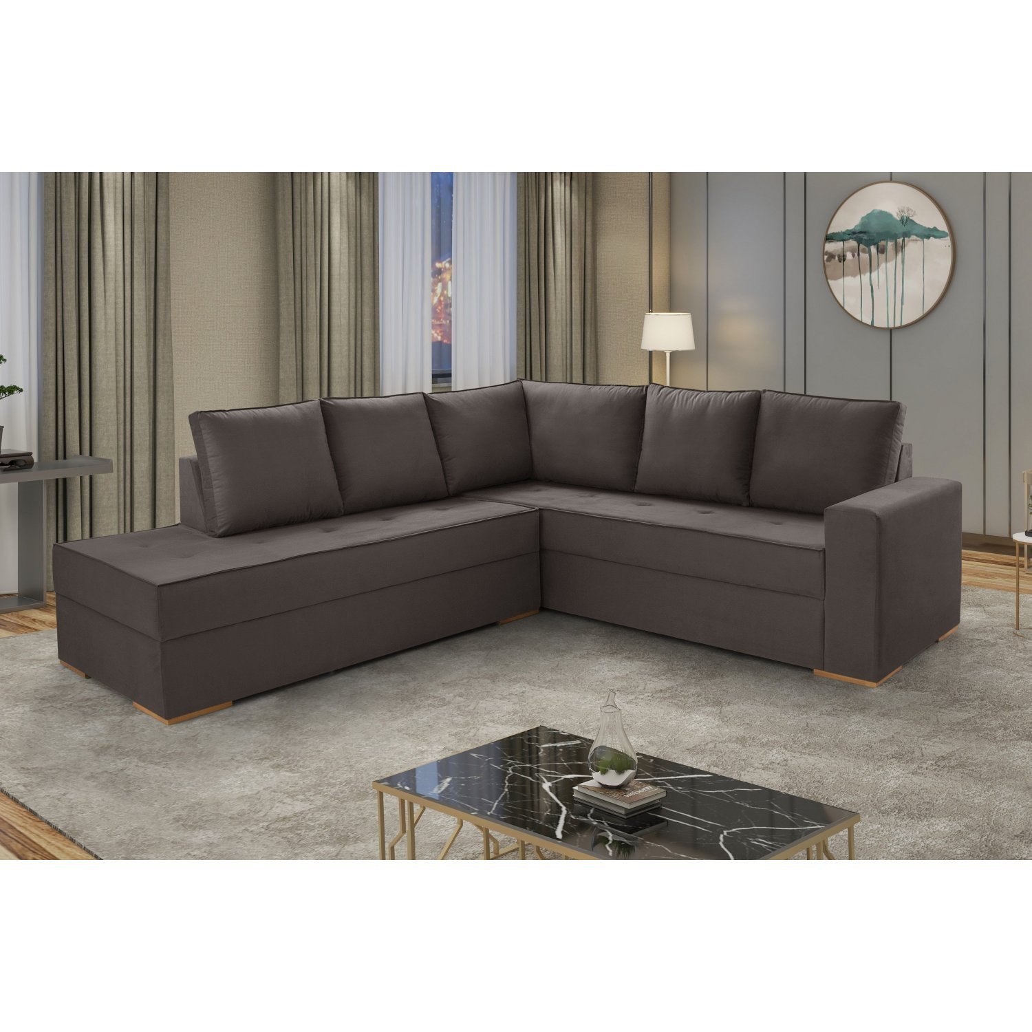 Sofá De Canto Com Chaise Lado Esquerdo Laura Yescasa Marrom