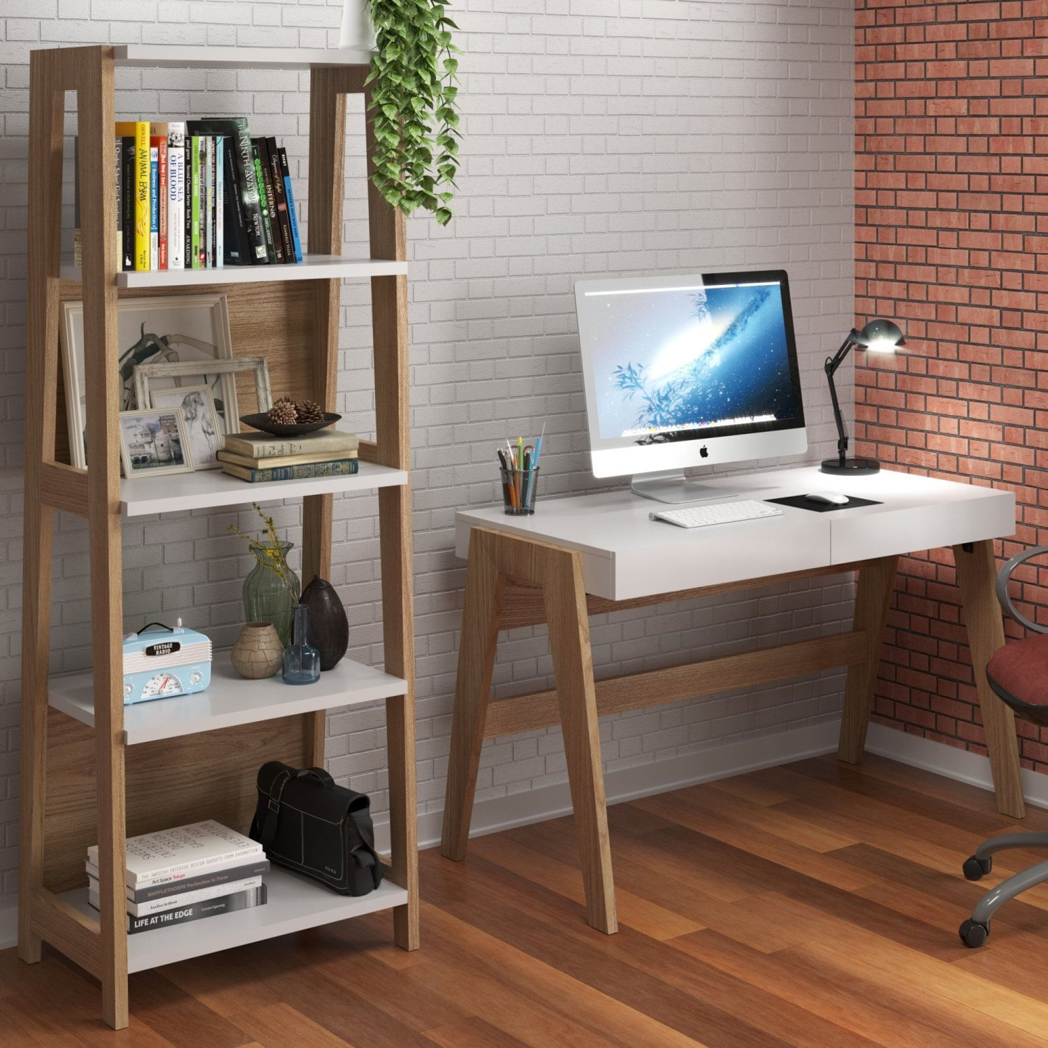 Conjunto Home Offce 2 Peças Escrivaninha 120cm 2 Gavetas E Estante 5 Prateleiras Trend Artesano Hanover/off White