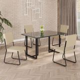 Conjunto Sala De Jantar Mesa 120x90cm Base Lunna Tampo Mdf Laca Com Vidro Napoli Creme / Preto