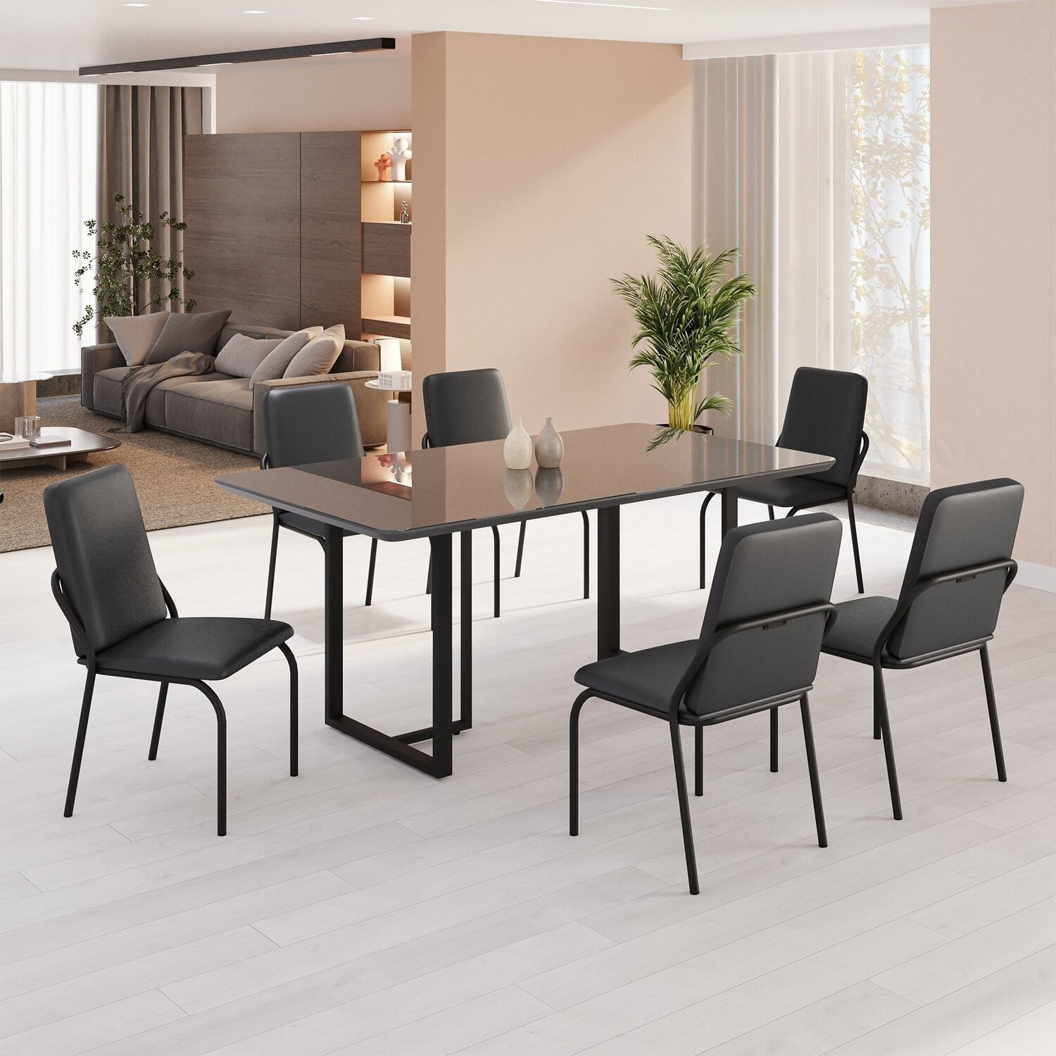 Conjunto Sala De Jantar Mesa 160x90cm Base Lunna Tampo Mdf Laca Com Vidro Malibu Preto