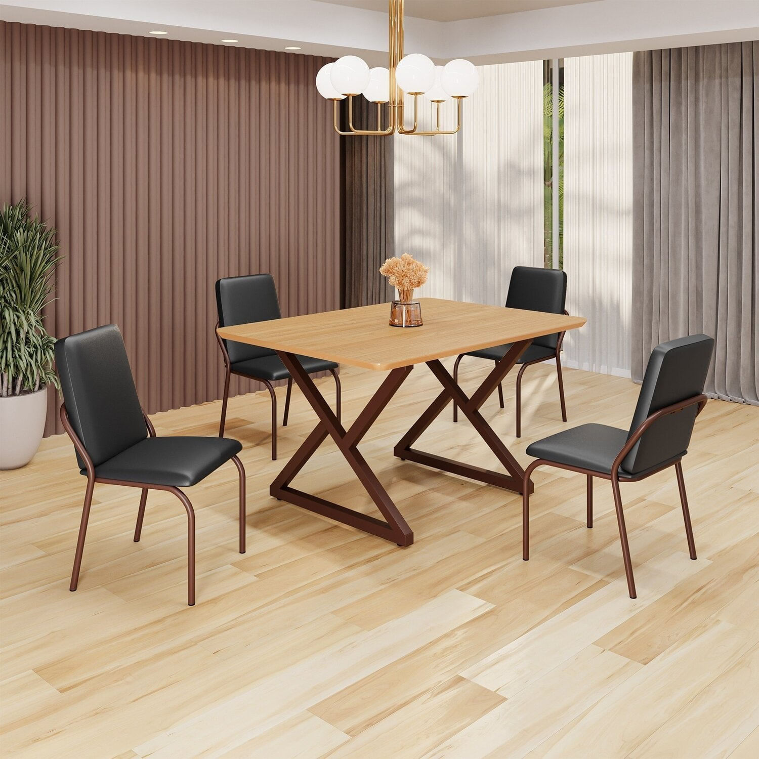 Conjunto Sala De Jantar Mesa 120x90cm Base Império Tampo Mdf Malibu Preto / Marrom