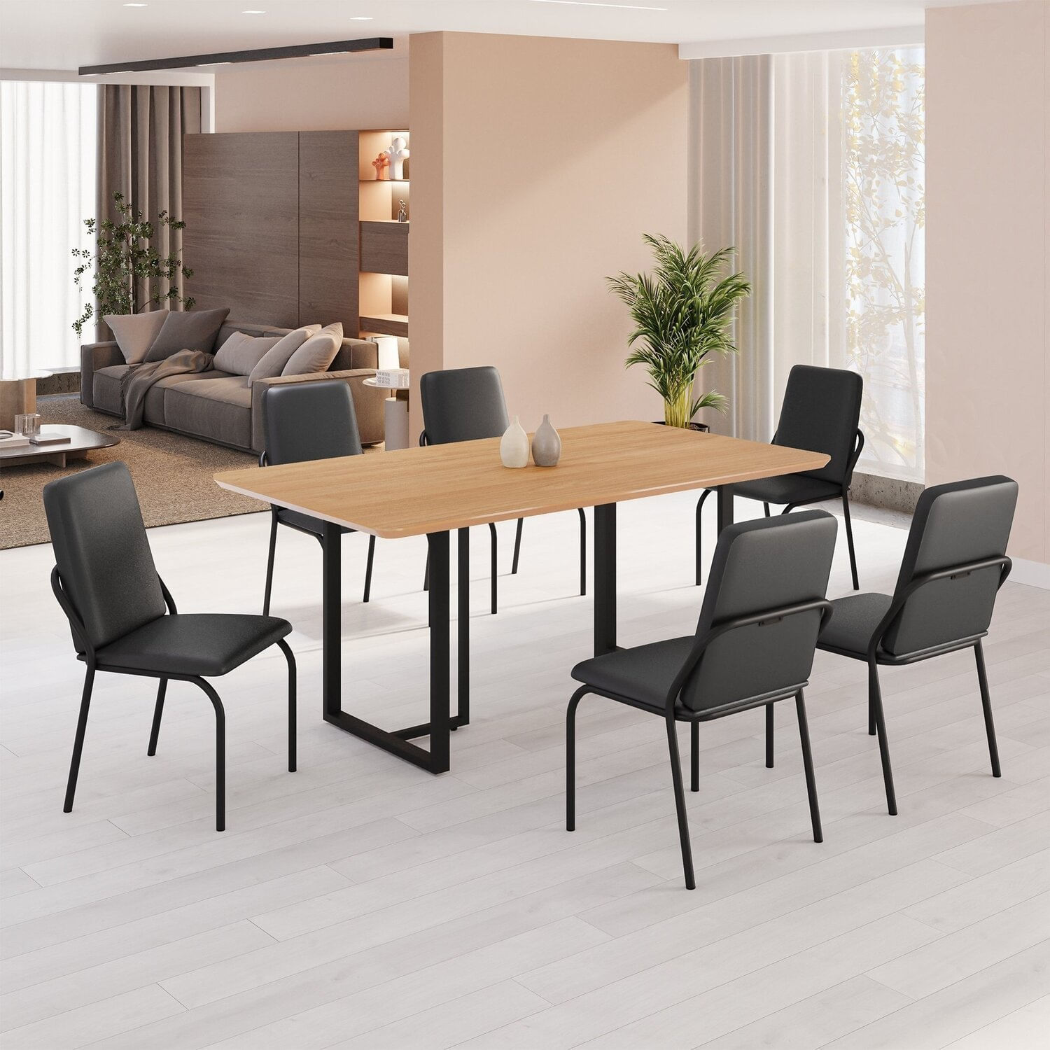 Conjunto Sala De Jantar Mesa 160x90cm Base Lunna Tampo Mdf Malibu Preto