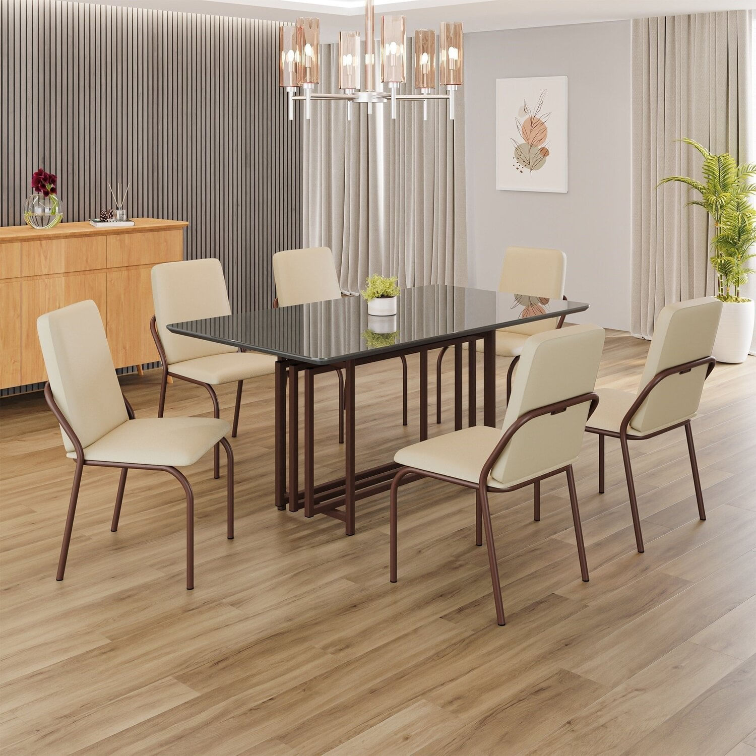 Conjunto Sala De Jantar Mesa 160x90cm Base Pérola Tampo Mdf Com Vidro Malibu Creme / Marrom