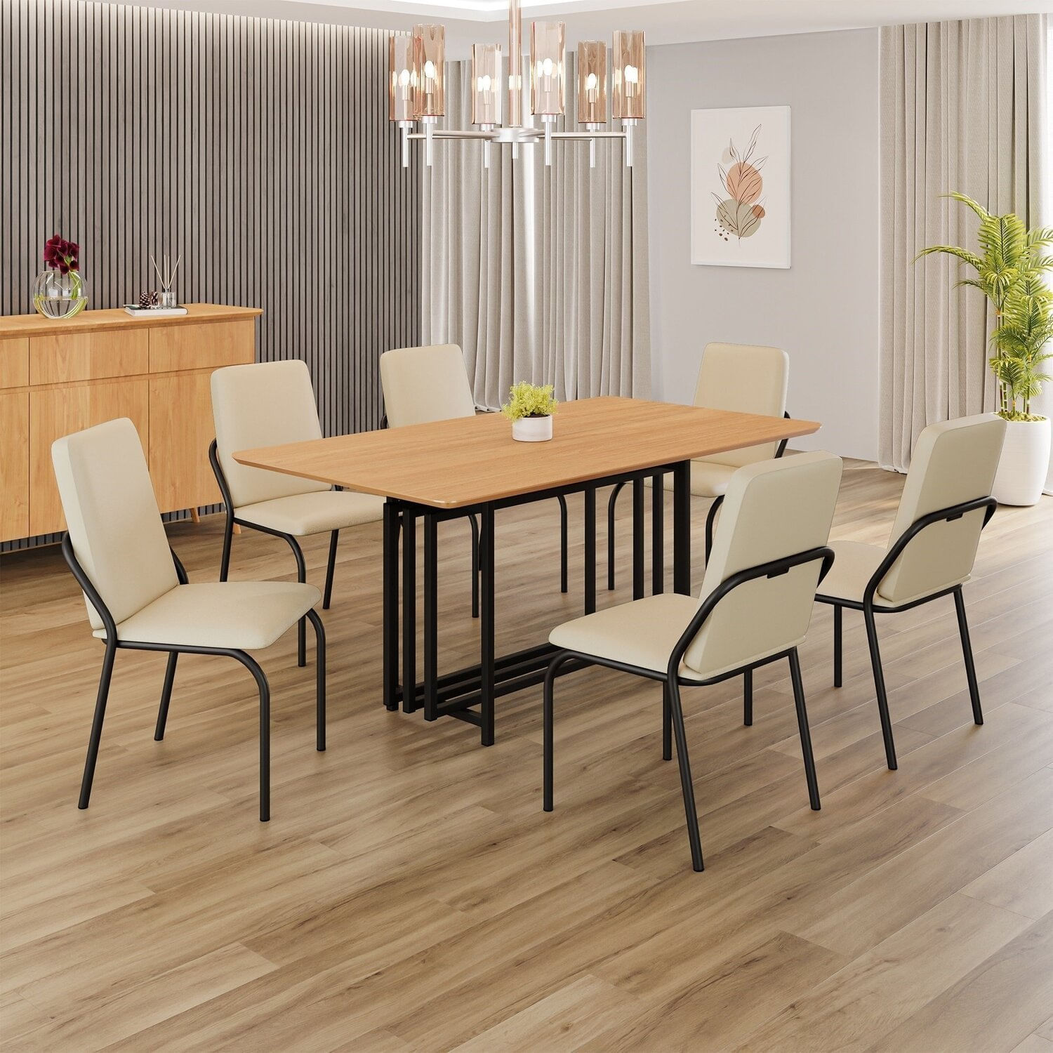 Conjunto Sala De Jantar Mesa 160x90cm Base Pérola Tampo Mdf Malibu Creme / Preto