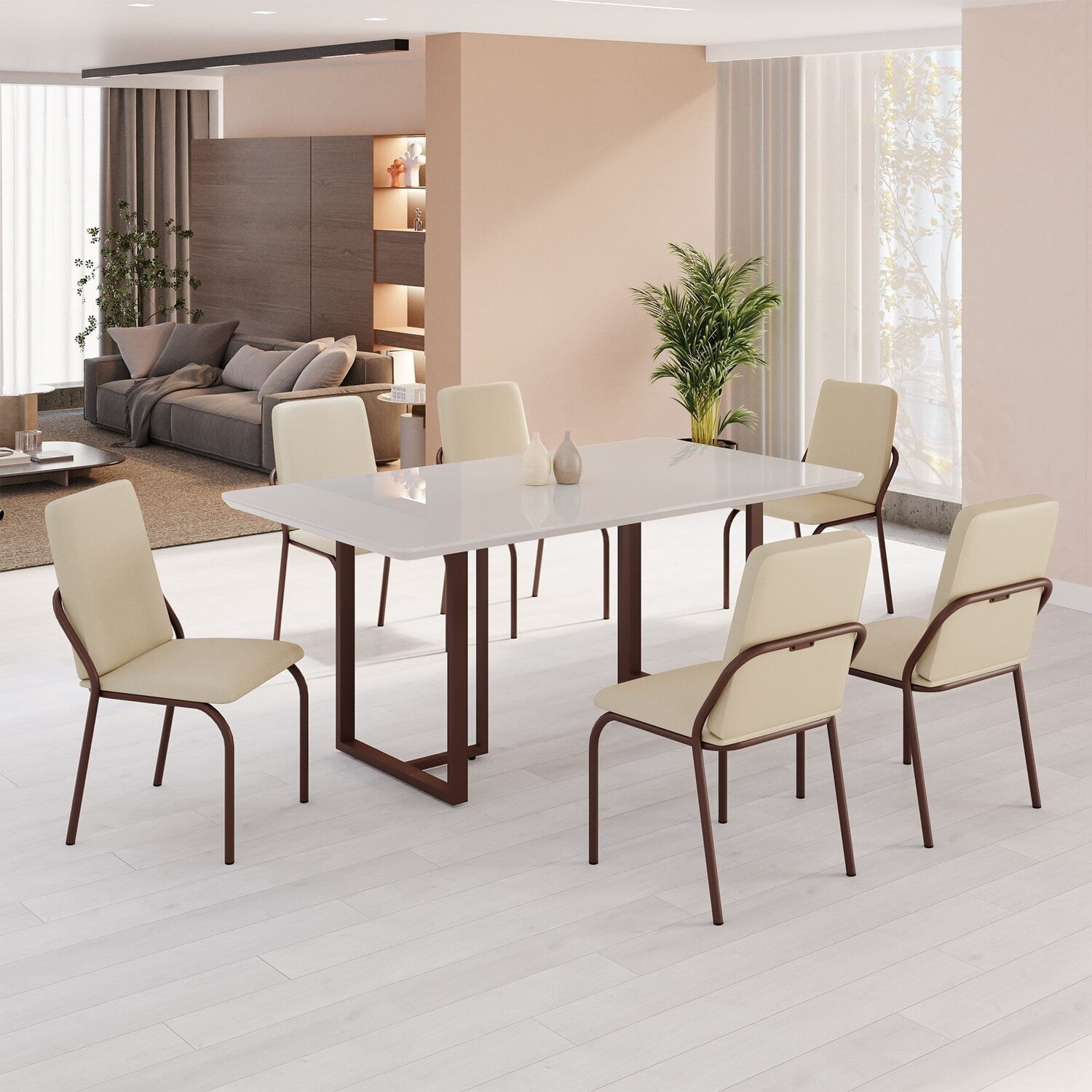 Conjunto Sala De Jantar Mesa 160x90cm Base Lunna Tampo Mdf Com Vidro Malibu Creme / Marrom