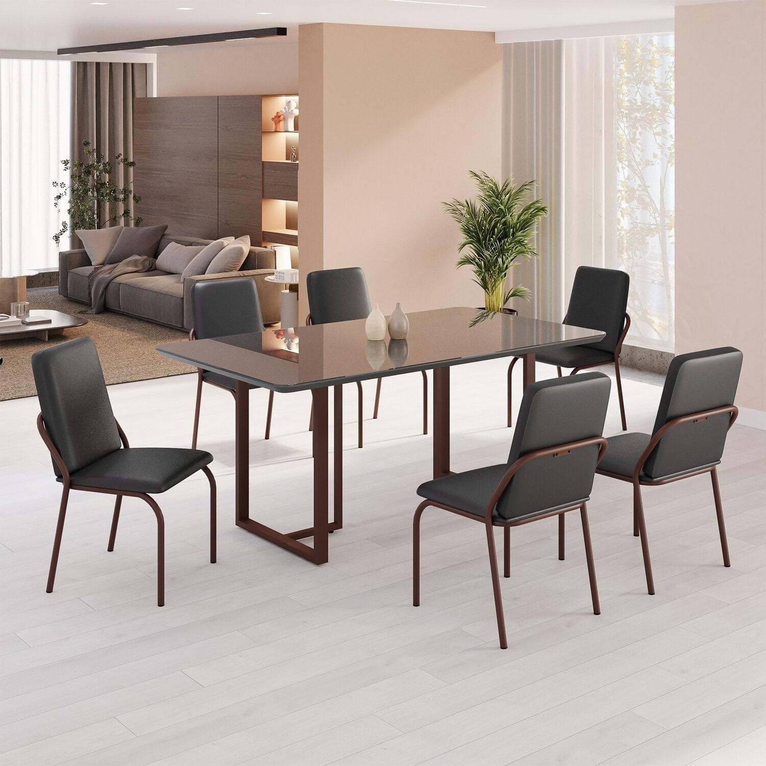 Conjunto Sala De Jantar Mesa 160x90cm Base Lunna Tampo Mdf Laca Com Vidro Malibu Preto/marrom