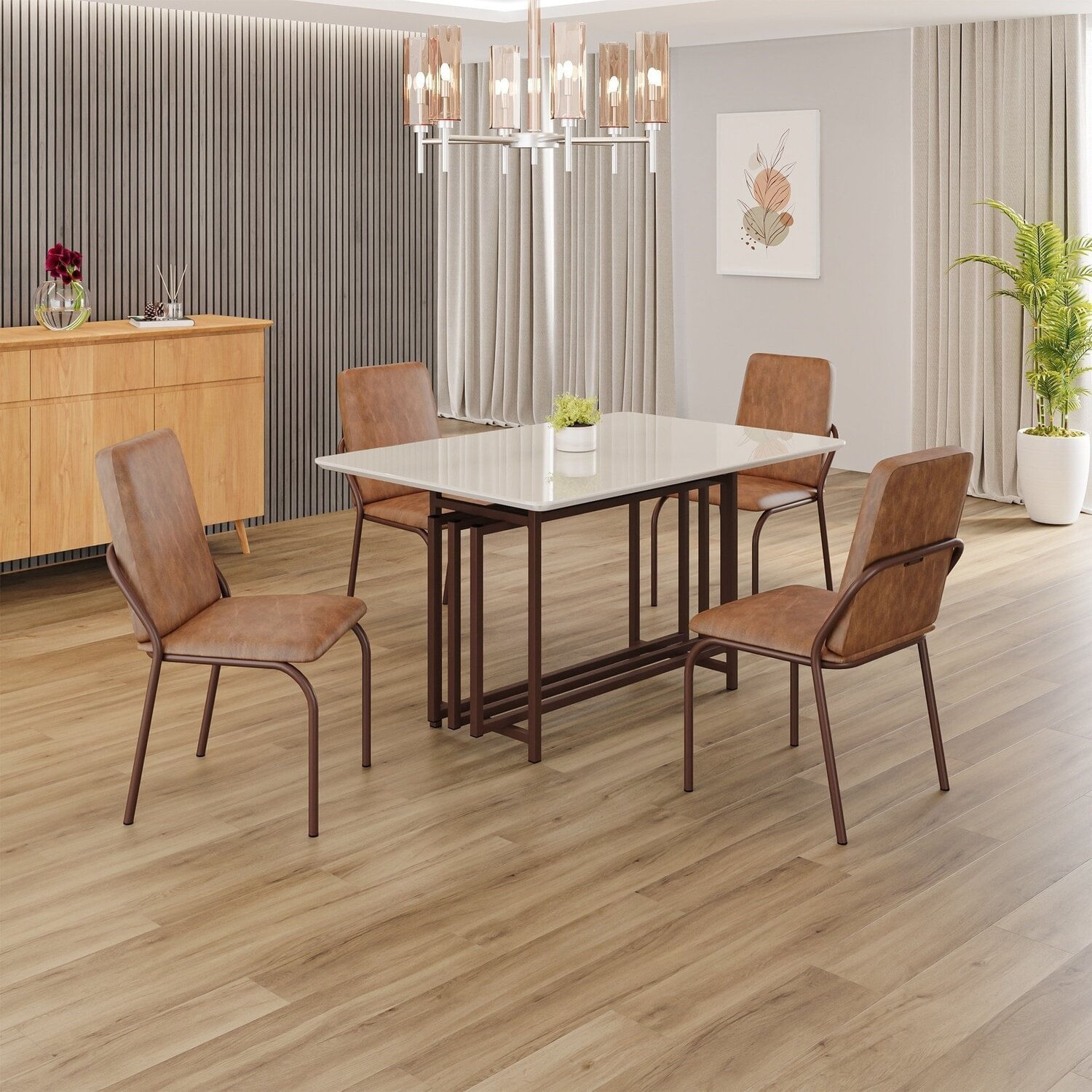 Conjunto Sala De Jantar Mesa 120x90cm Base Pérola Tampo Mdf Com Vidro Malibu Marrom