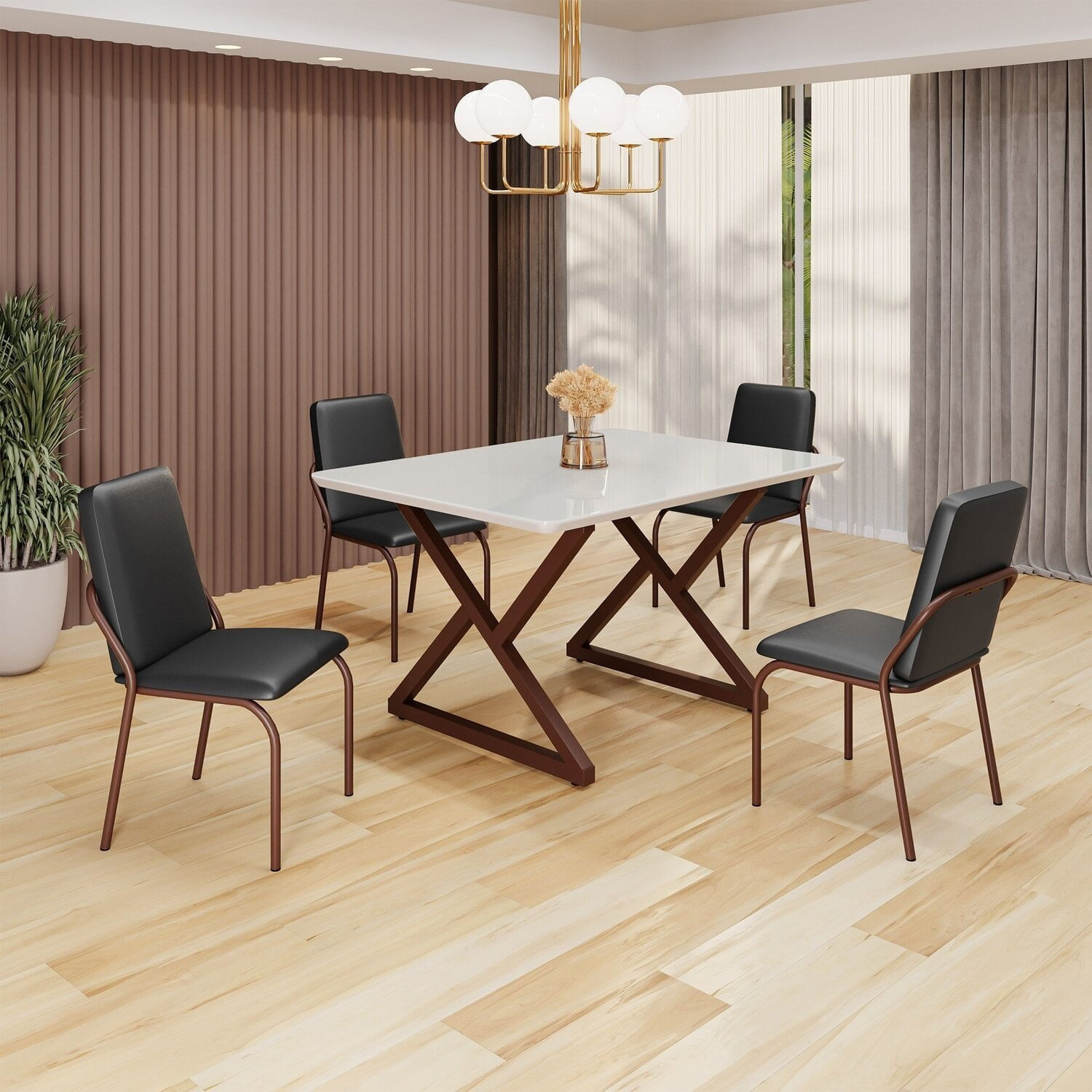 Conjunto Sala De Jantar Mesa 120x90cm Base Império Tampo Mdf Laca Com Vidro Malibu Preto / Marrom