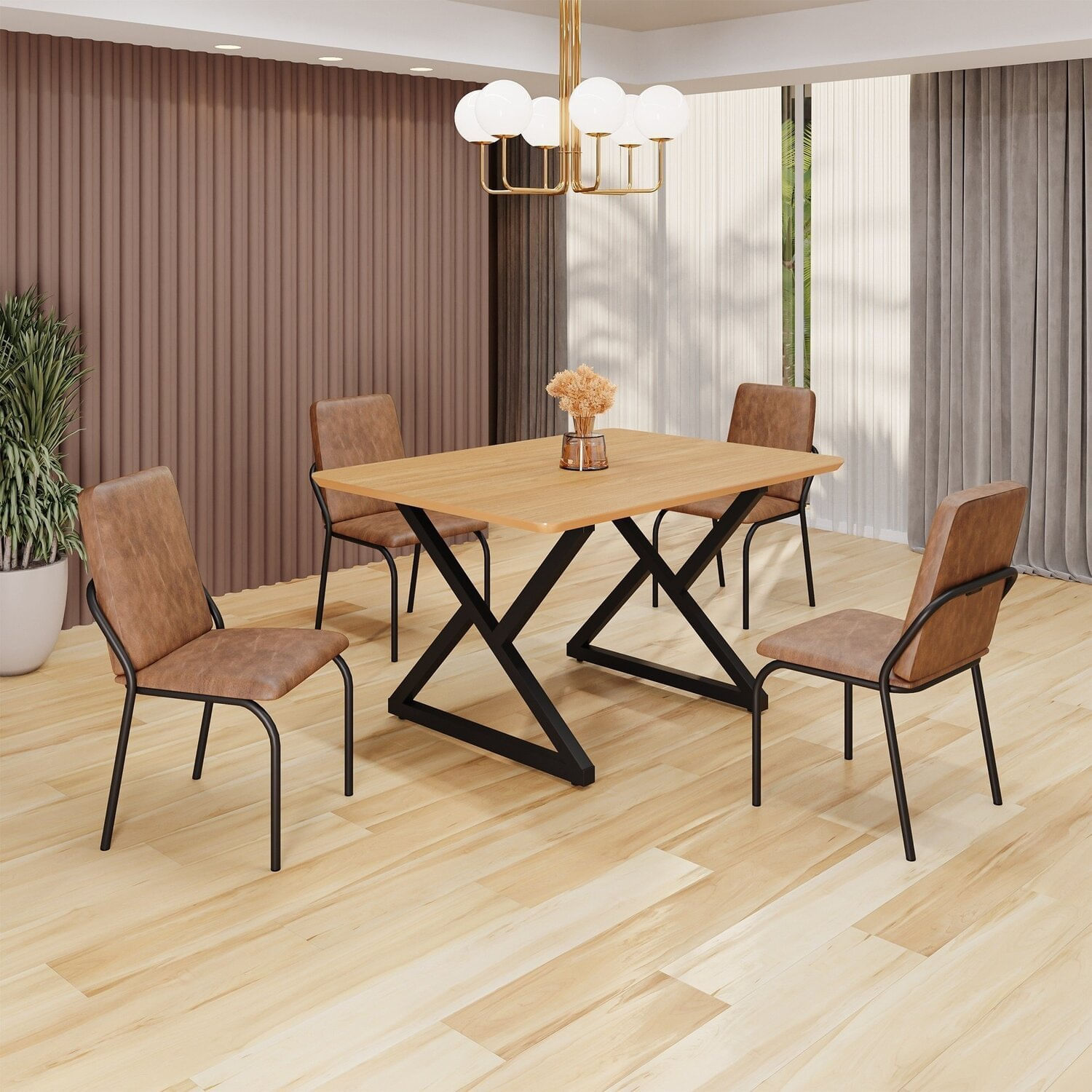 Conjunto Sala De Jantar Mesa 120x90cm Base Império Tampo Mdf Malibu Marrom / Preto