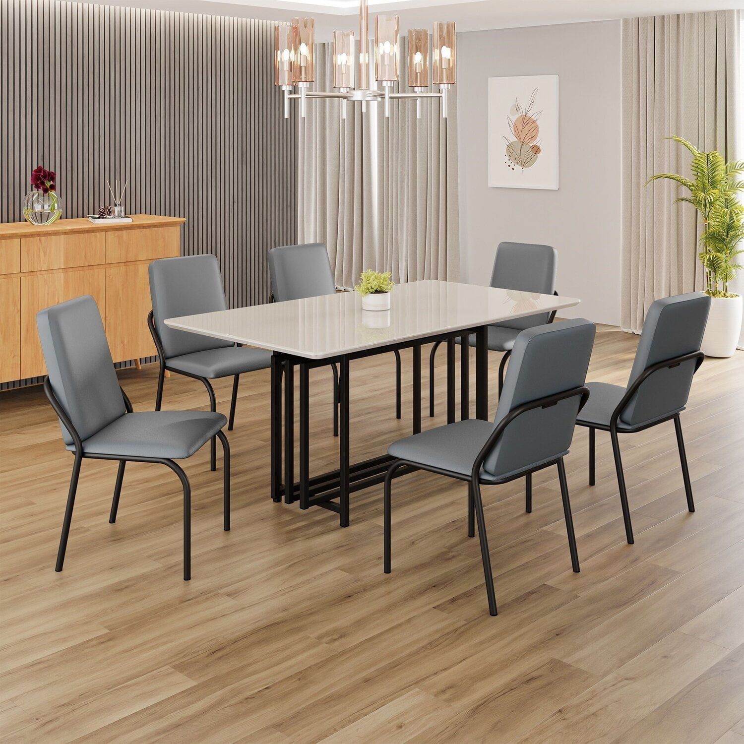 Conjunto Sala De Jantar Mesa 160x90cm Base Pérola Tampo Mdf Com Vidro Malibu Grafite / Preto