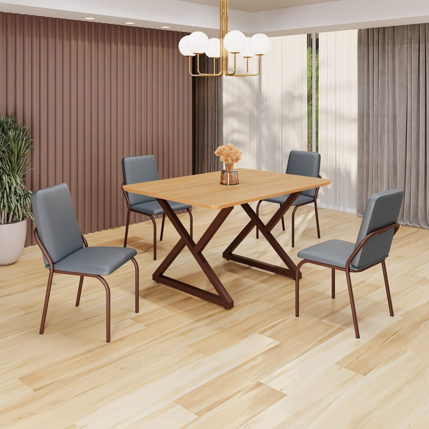 Conjunto Sala De Jantar Mesa 120x90cm Base Império Tampo Mdf Malibu Grafite / Marrom