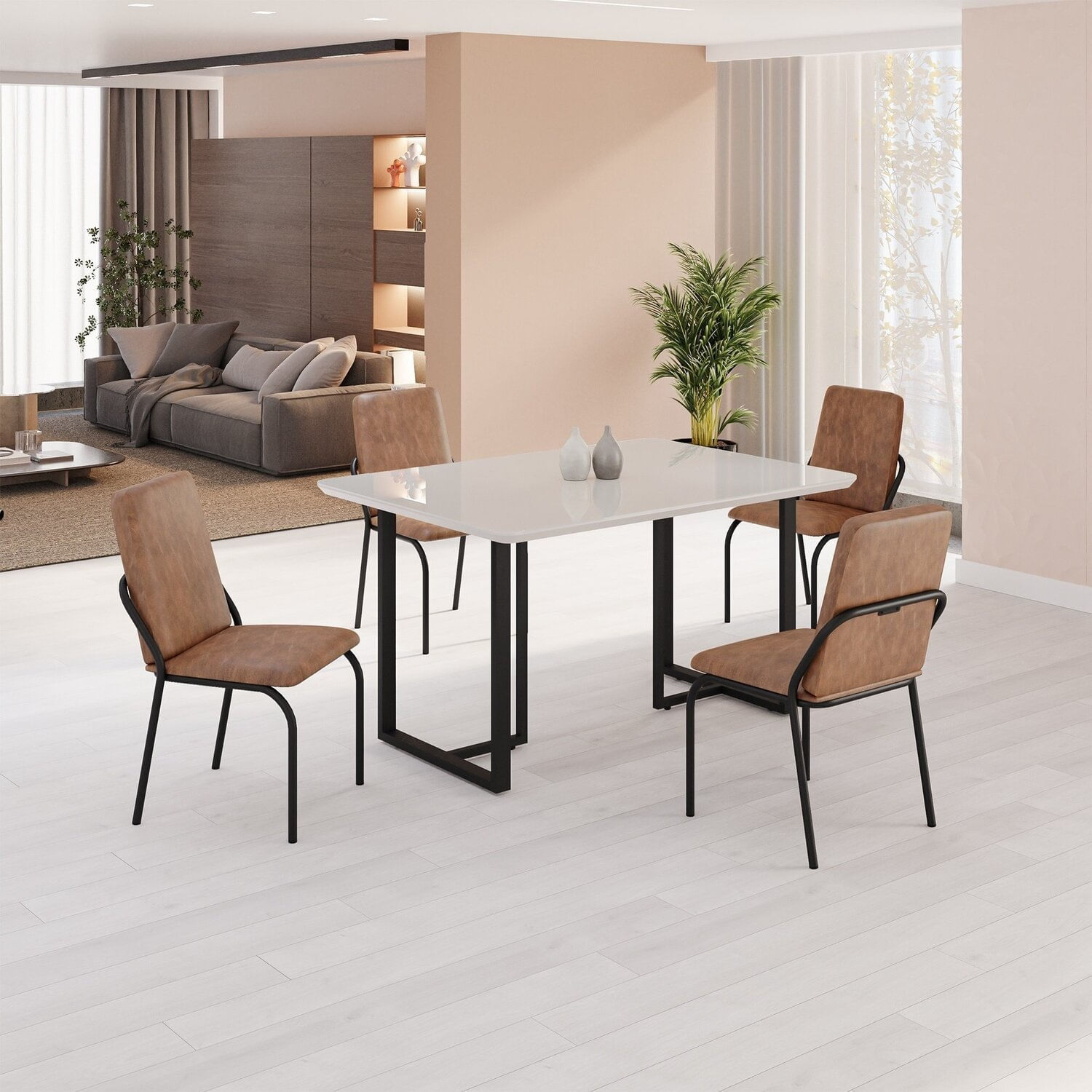 Conjunto Sala De Jantar Mesa 120x90cm Base Lunna Tampo Mdf Laca Com Vidro Malibu Marrom/preto