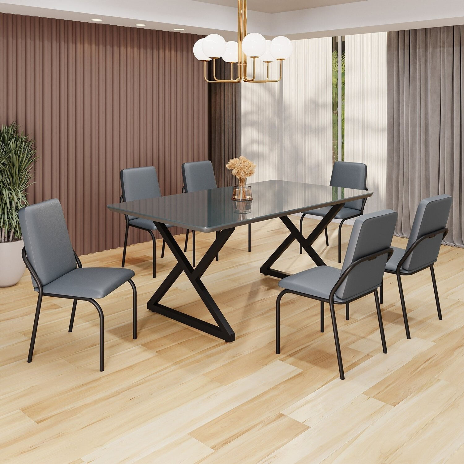 Conjunto Sala De Jantar Mesa 160x90cm Base Império Tampo Mdf Laca Com Vidro Malibu Grafite/preto