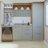 Lavanderia Modulada Com Armário Aéreo,1 Balcão E 1 Armário Multiuso 100% Mdf Marquesa Nature/verde