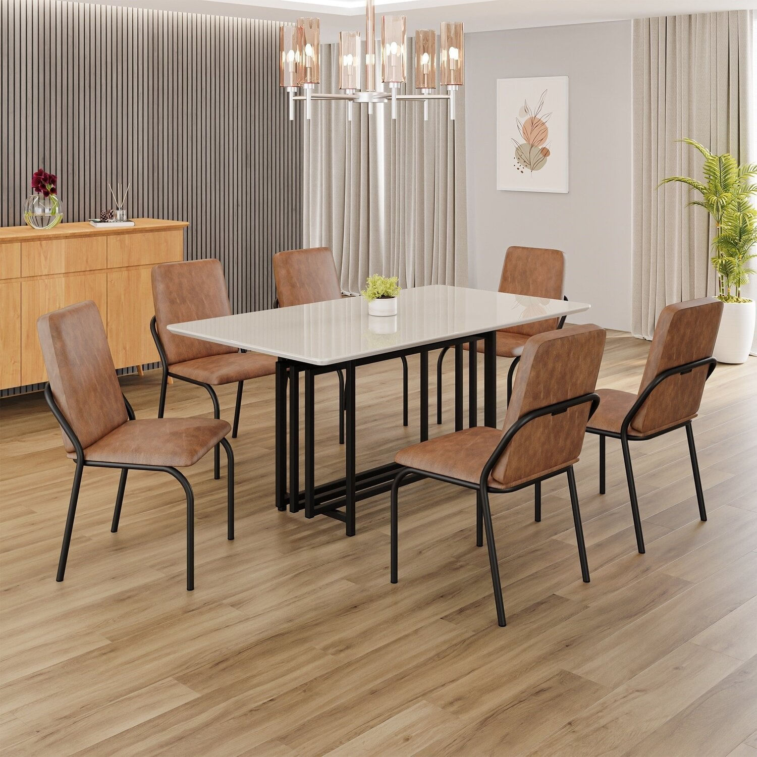 Conjunto Sala De Jantar Mesa 160x90cm Base Pérola Tampo Mdf Com Vidro Malibu Marrom / Preto