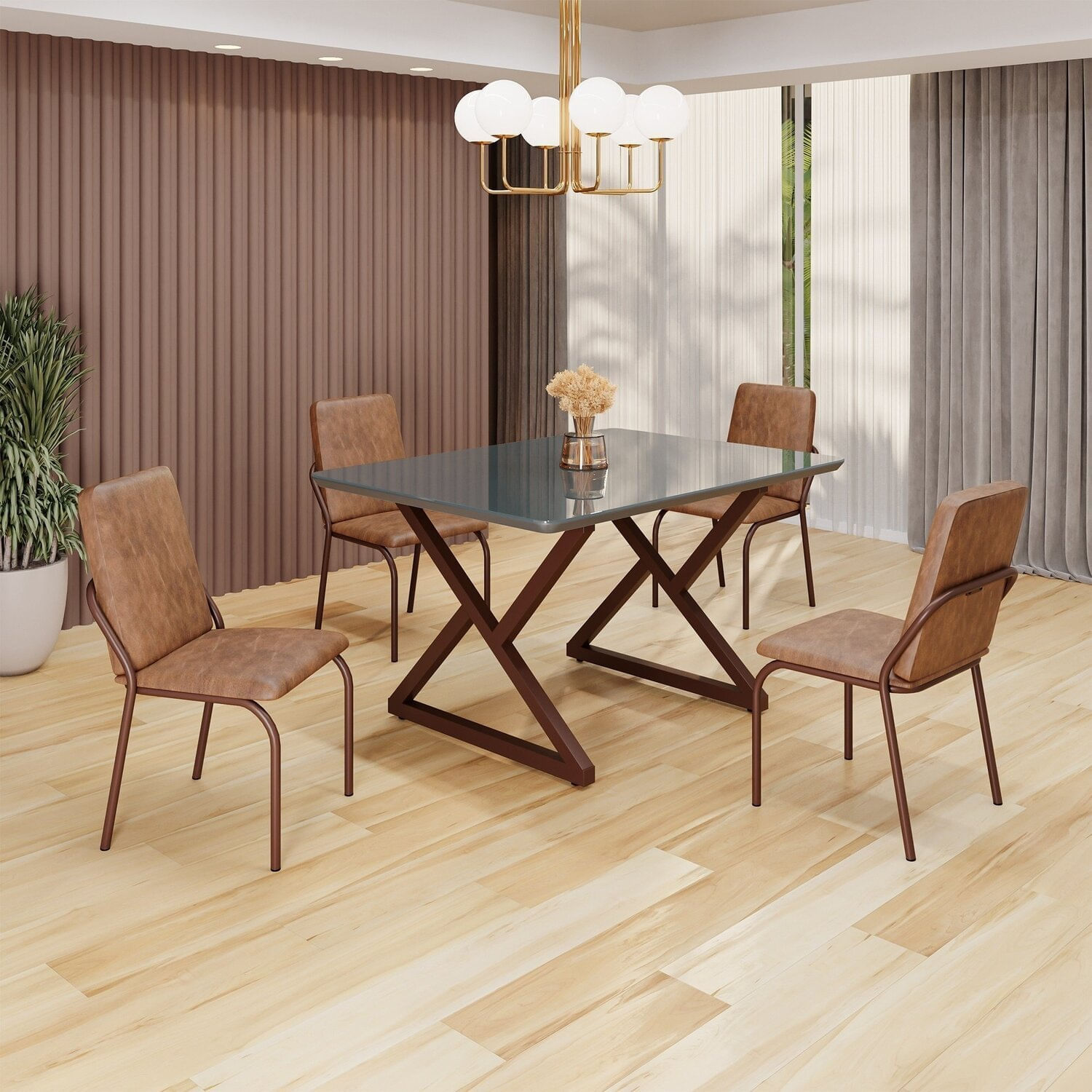 Conjunto Sala De Jantar Mesa 120x90cm Base Império Tampo Mdf Laca Com Vidro Malibu Marrom