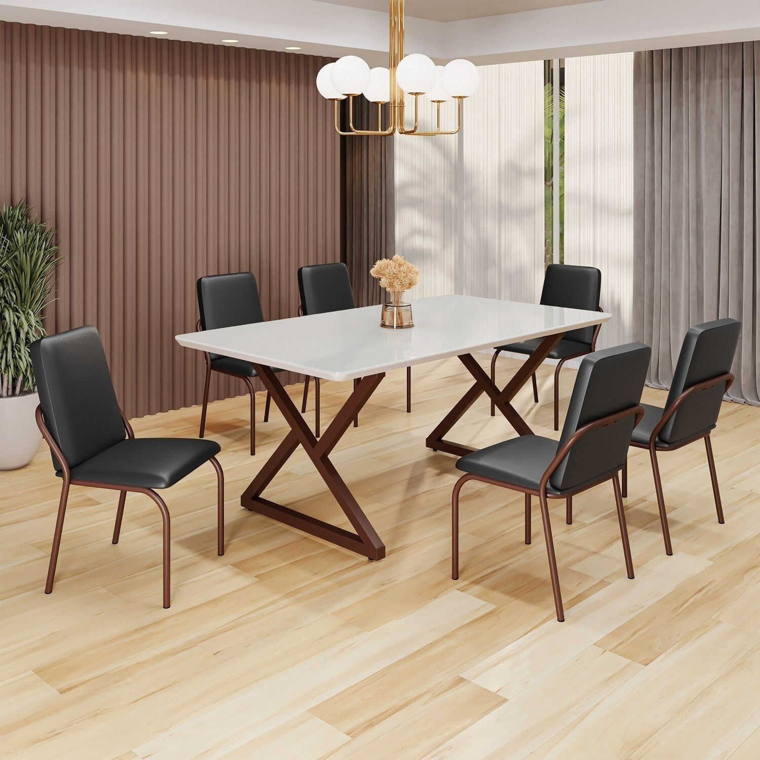 Conjunto Sala De Jantar Mesa 160x90cm Base Império Tampo Mdf Laca Com Vidro Malibu Preto/marrom